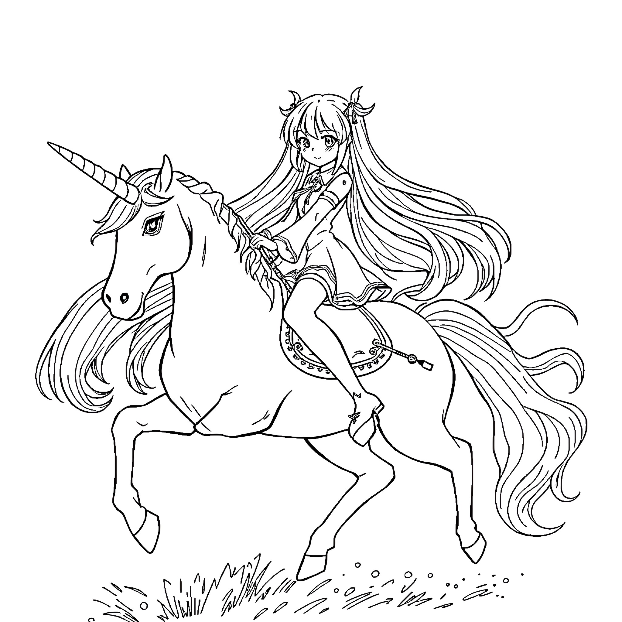 Hatsune Miku riding a magical unicorn Coloring Page (free black-and-white line drawing printable PDF for all, from beginners to advanced learners, including children, teens, adults, and seniors)