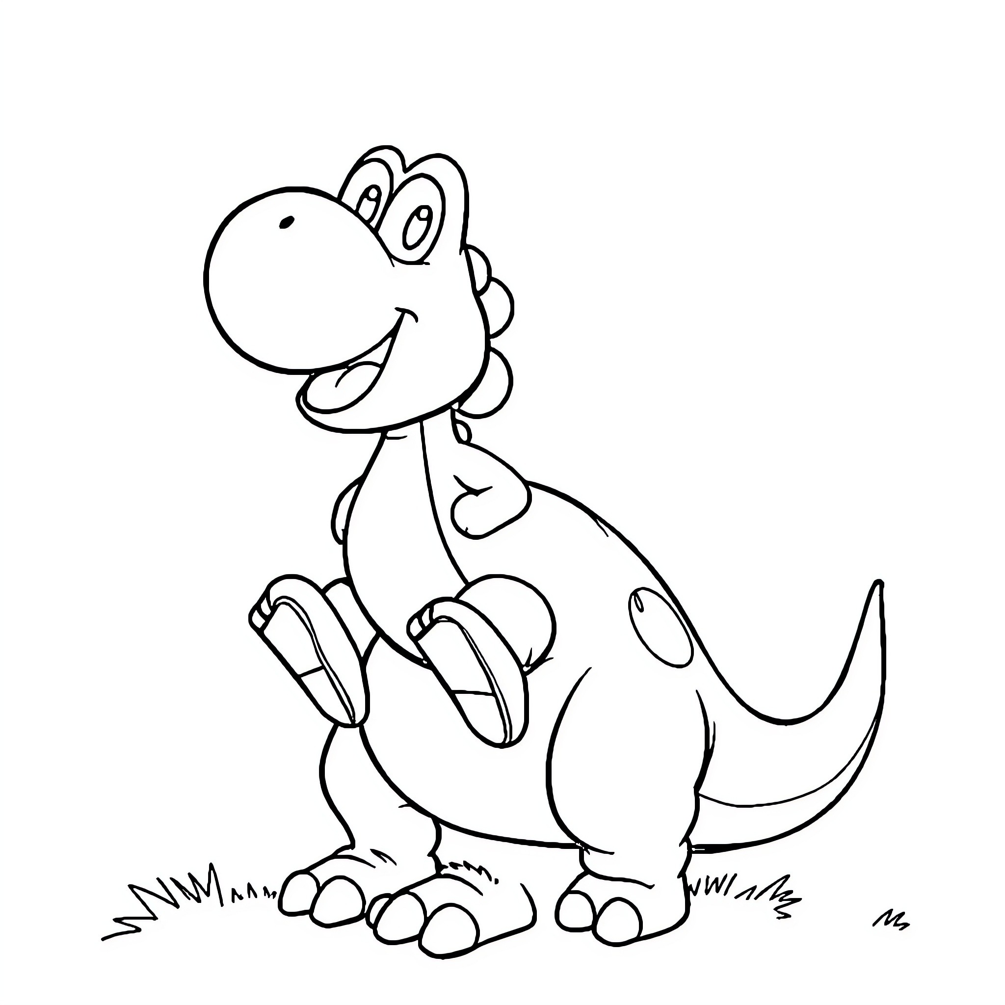 Yoshi the Cheerful Dinosaur Doodle Coloring Page (free black-and-white line drawing printable PDF for all, from beginners to advanced learners, including children, teens, adults, and seniors)