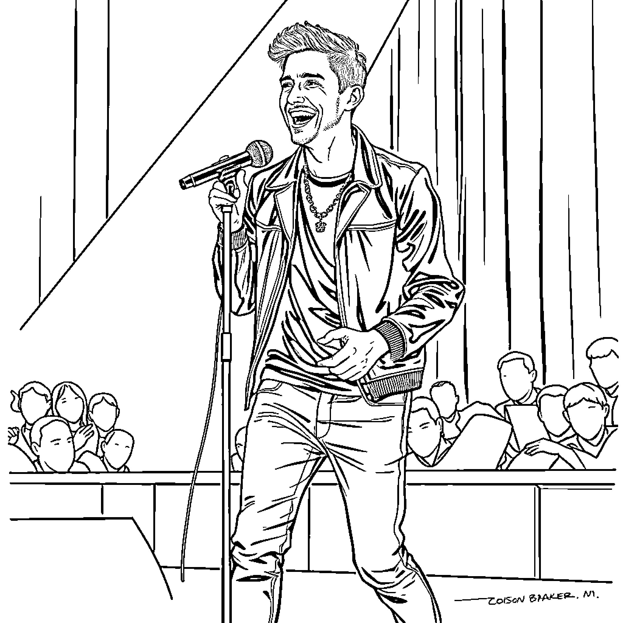 Colson Baker Performing on Stage Coloring Page (free black-and-white line drawing printable PDF for all, from beginners to advanced learners, including children, teens, adults, and seniors)