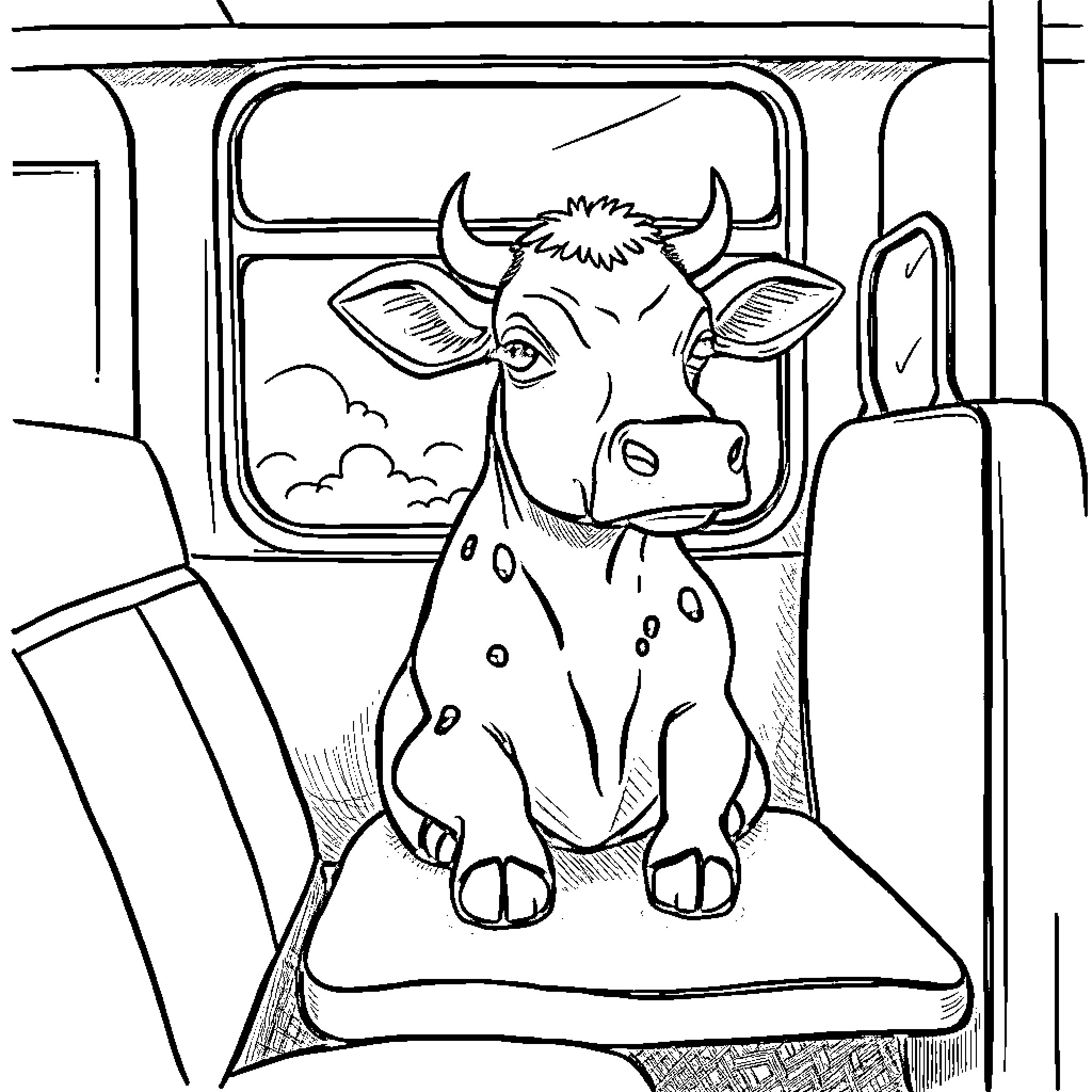 Cow riding in a vehicle Coloring Page (free black-and-white line drawing printable PDF for all, from beginners to advanced learners, including children, teens, adults, and seniors)