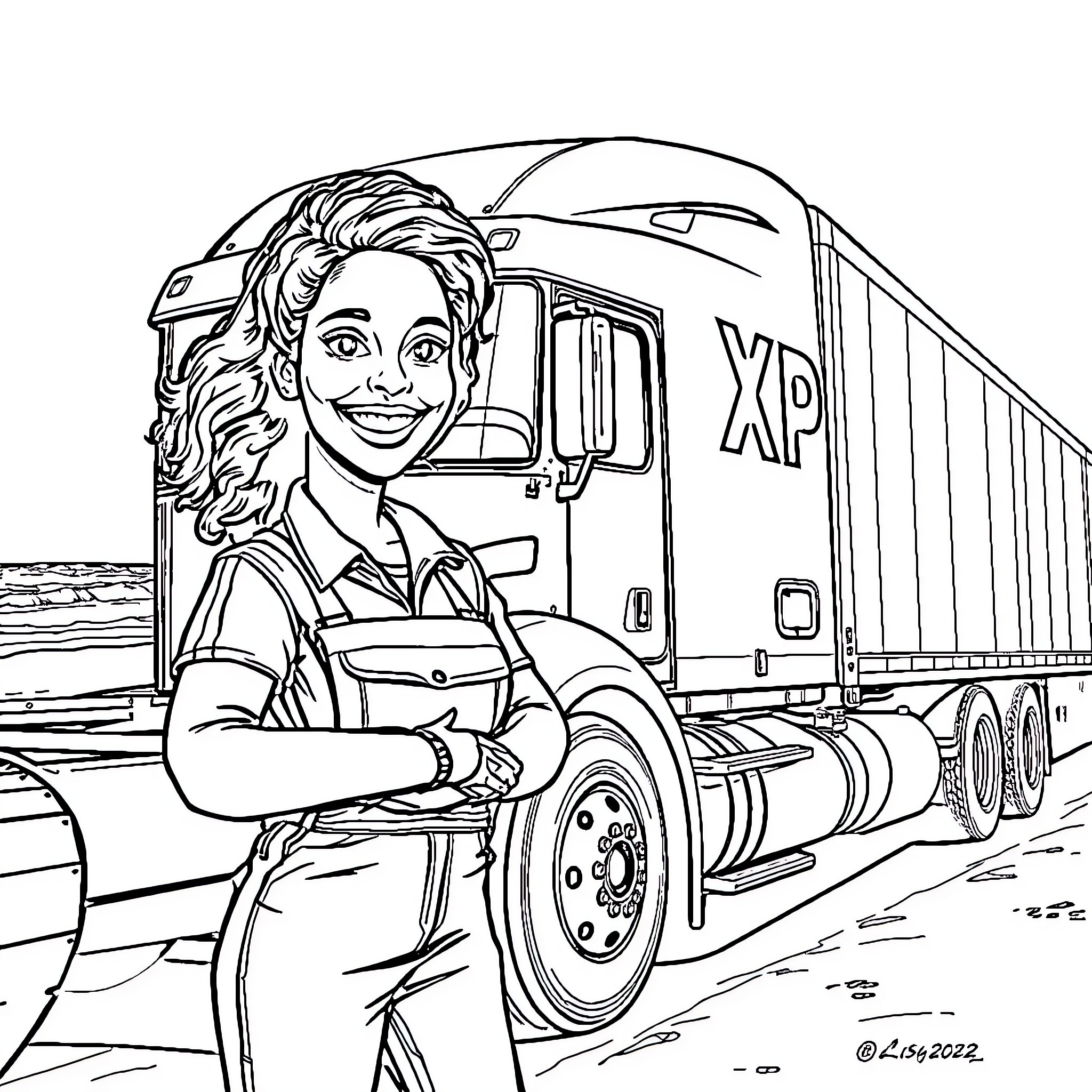 Truck Driver Proudly Posing Next to Delivery Truck Coloring Page (free black-and-white line drawing printable PDF for all, from beginners to advanced learners, including children, teens, adults, and seniors)