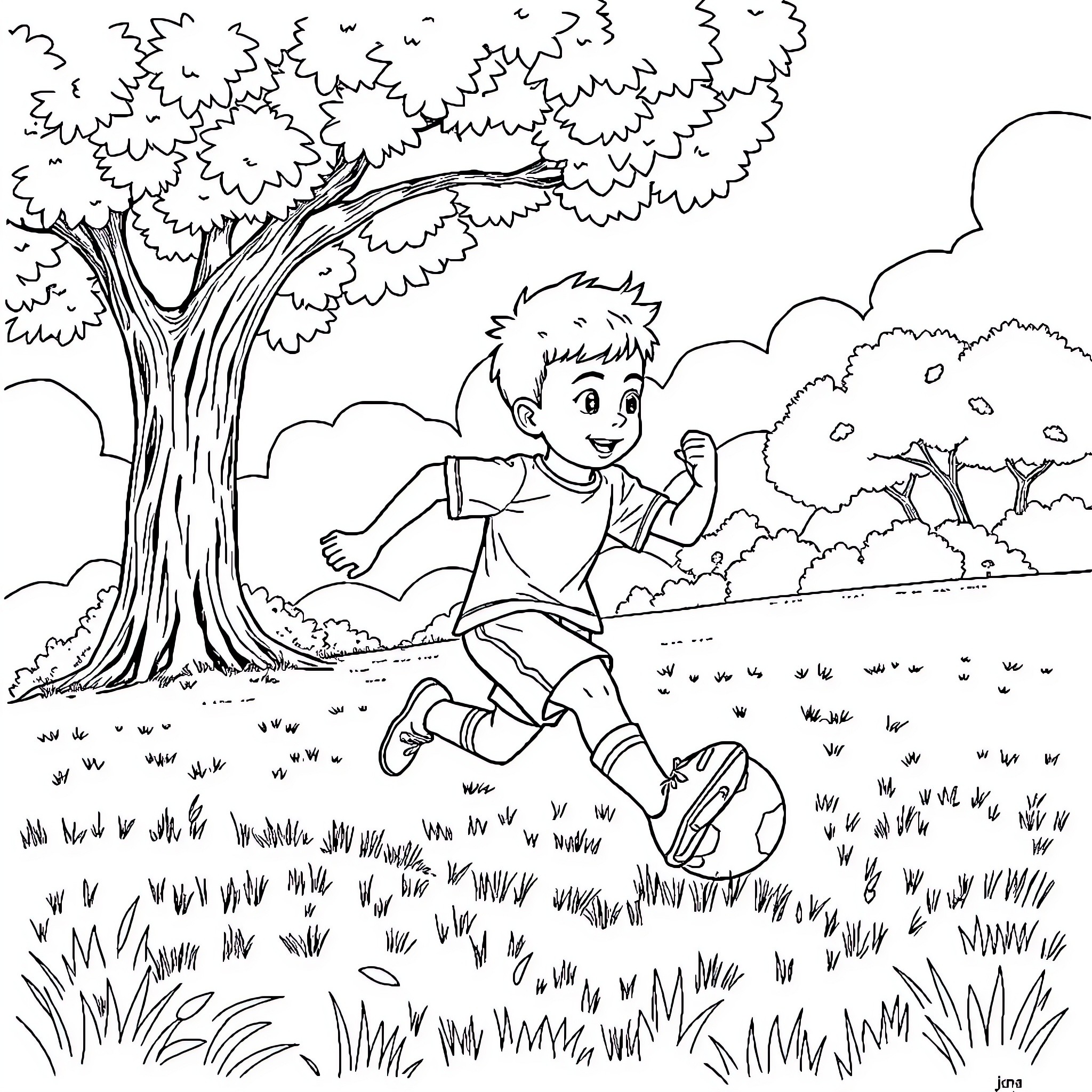 Indigenous Boy Happily Playing in the Scenic Outdoors Coloring Page (free black-and-white line drawing printable PDF for all, from beginners to advanced learners, including children, teens, adults, and seniors)