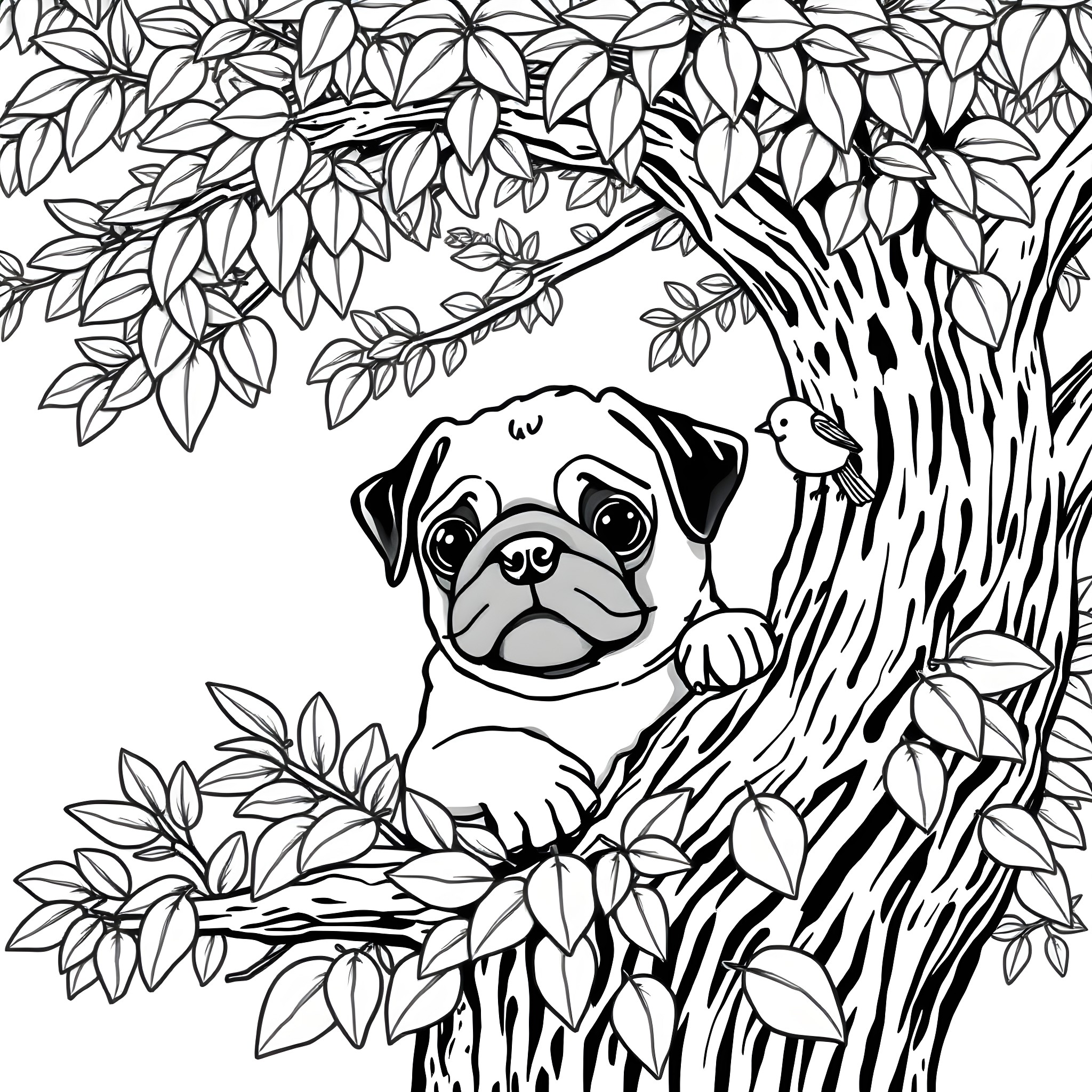 Pug peeking through the leaves Coloring Page (free black-and-white line drawing printable PDF for all, from beginners to advanced learners, including children, teens, adults, and seniors)