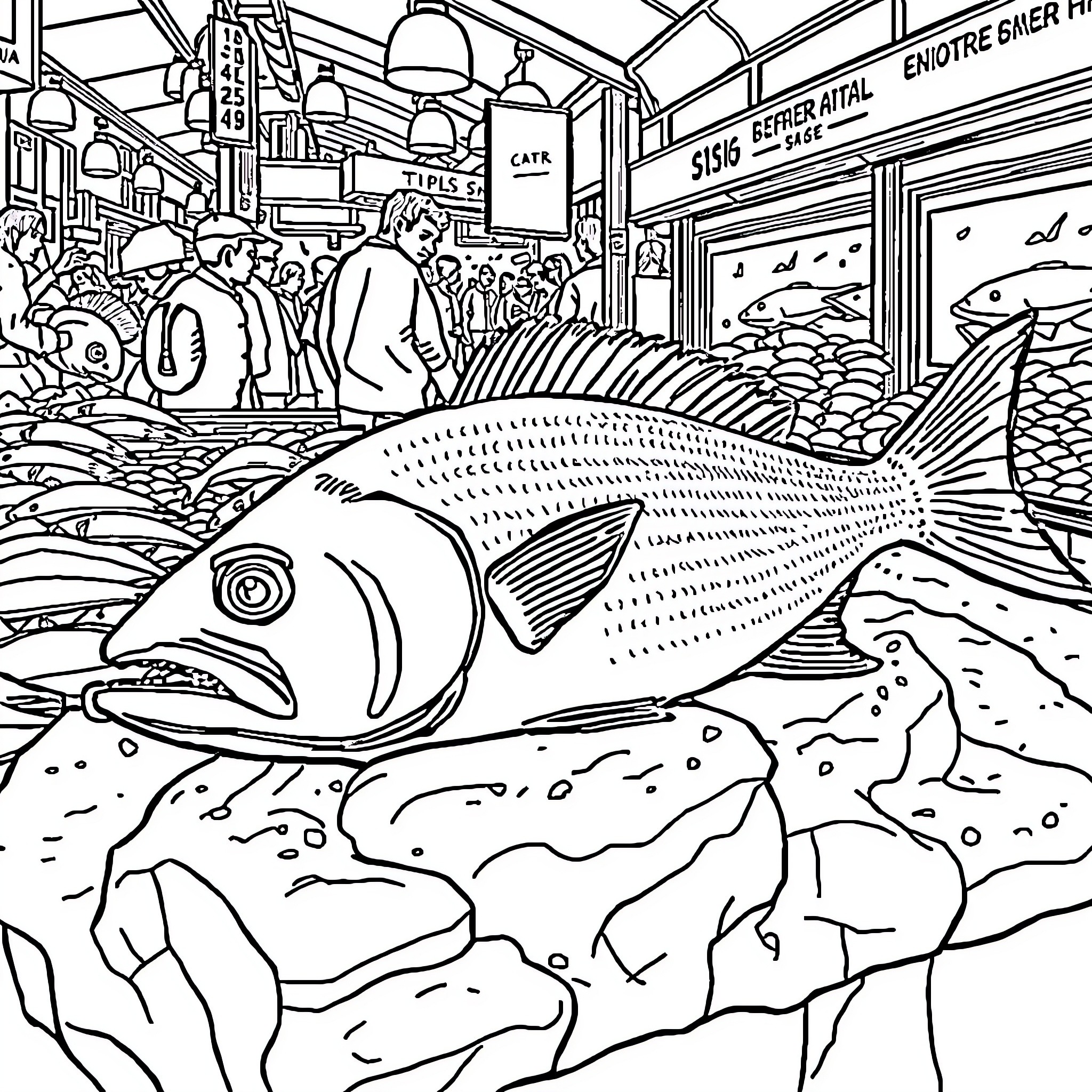 Fish market with vibrant crowd and large fish display Coloring Page (free black-and-white line drawing printable PDF for all, from beginners to advanced learners, including children, teens, adults, and seniors)
