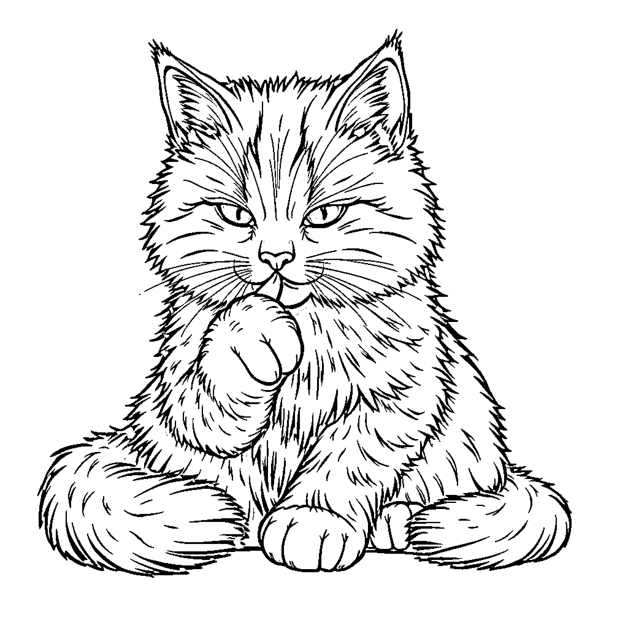 Cat contemplating in contemplative pose Coloring Page (free black-and-white line drawing printable PDF for all, from beginners to advanced learners, including children, teens, adults, and seniors)