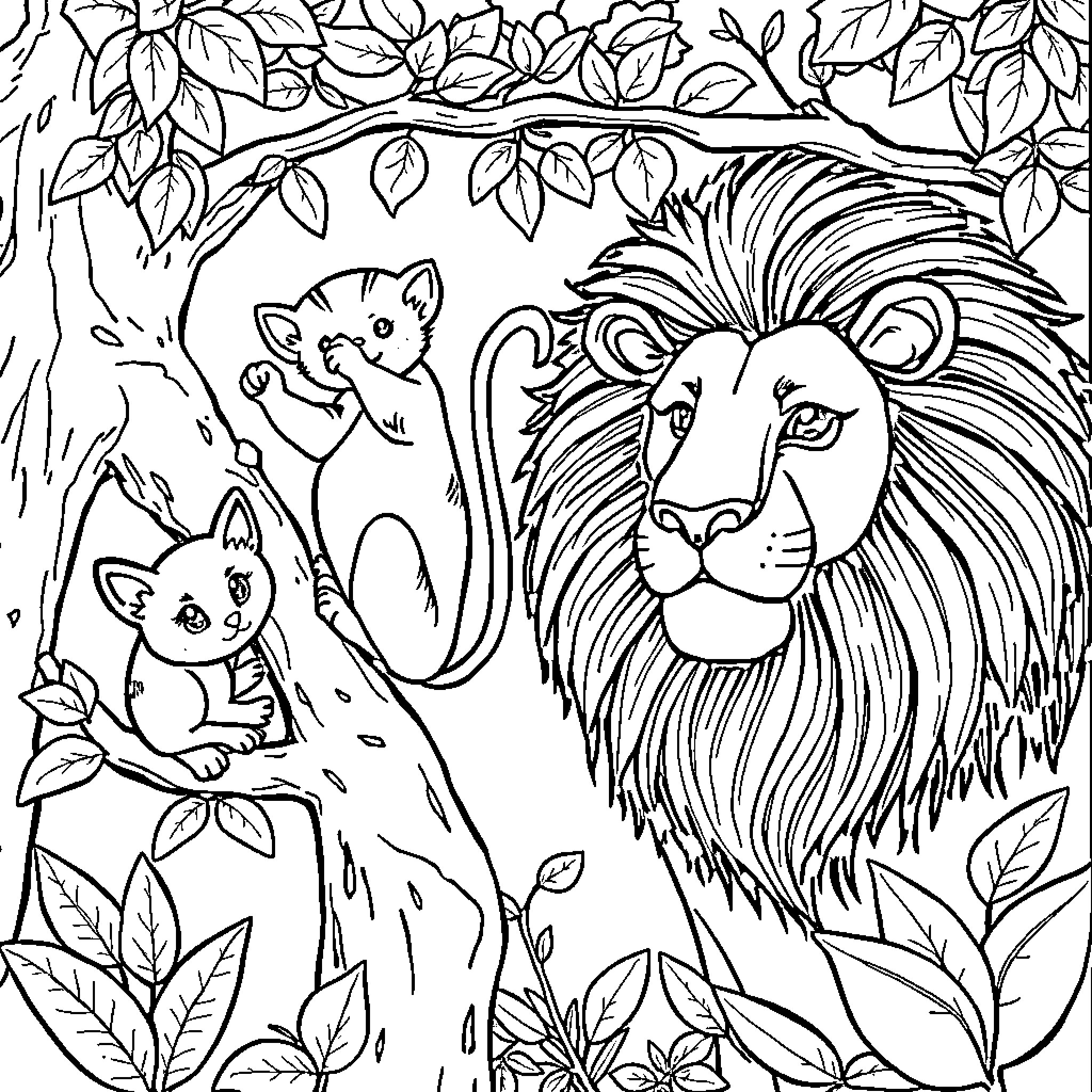 Chat with lions in the lush jungle Coloring Page (free black-and-white line drawing printable PDF for all, from beginners to advanced learners, including children, teens, adults, and seniors)