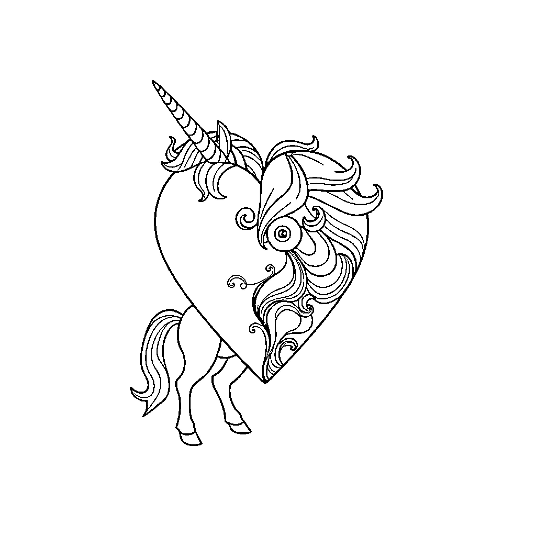 Heart-shaped Unicorn with Flowing Mane Coloring Page (free black-and-white line drawing printable PDF for all, from beginners to advanced learners, including children, teens, adults, and seniors)
