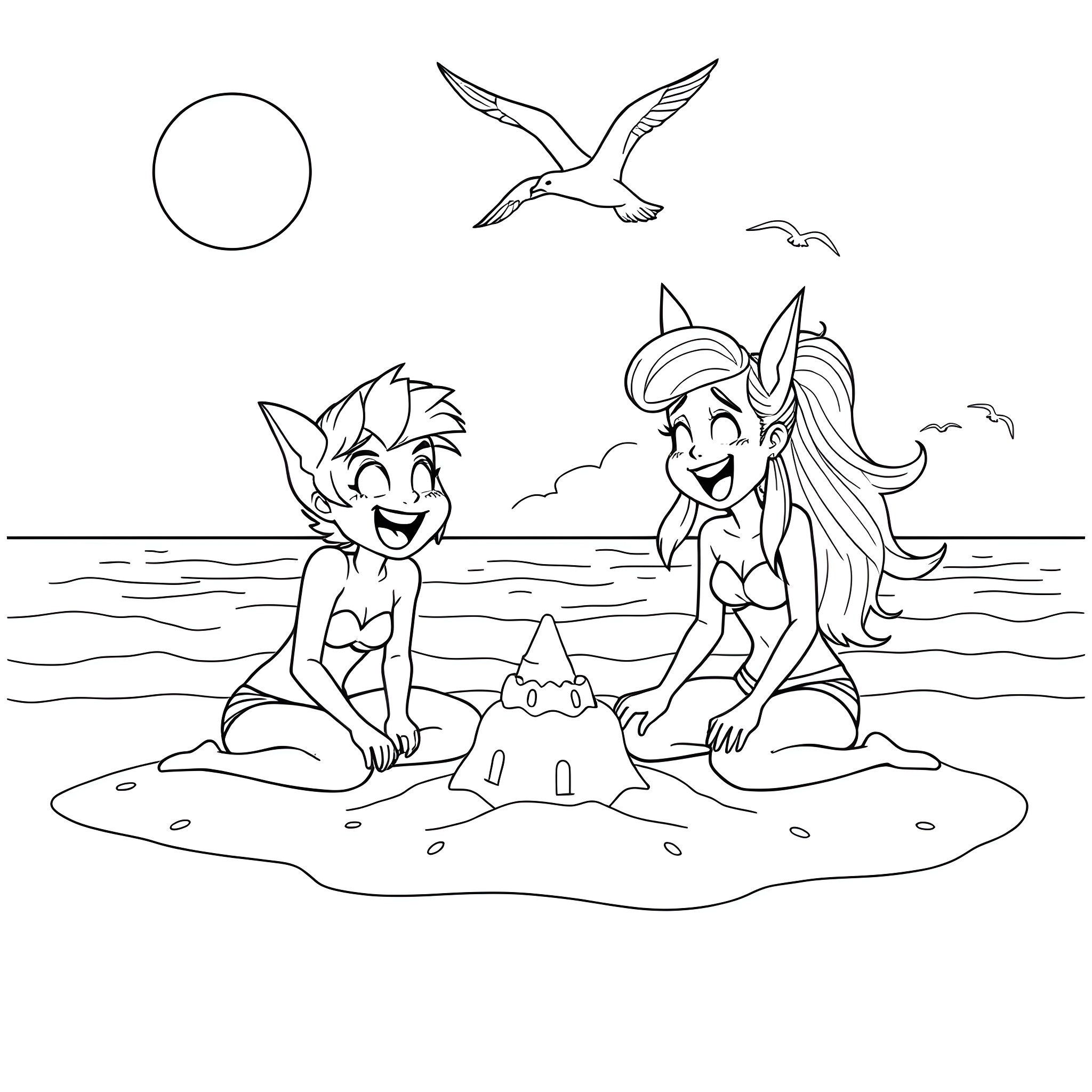 Jinx enjoying a beach day with friends Coloring Page (free black-and-white line drawing printable PDF for all, from beginners to advanced learners, including children, teens, adults, and seniors)