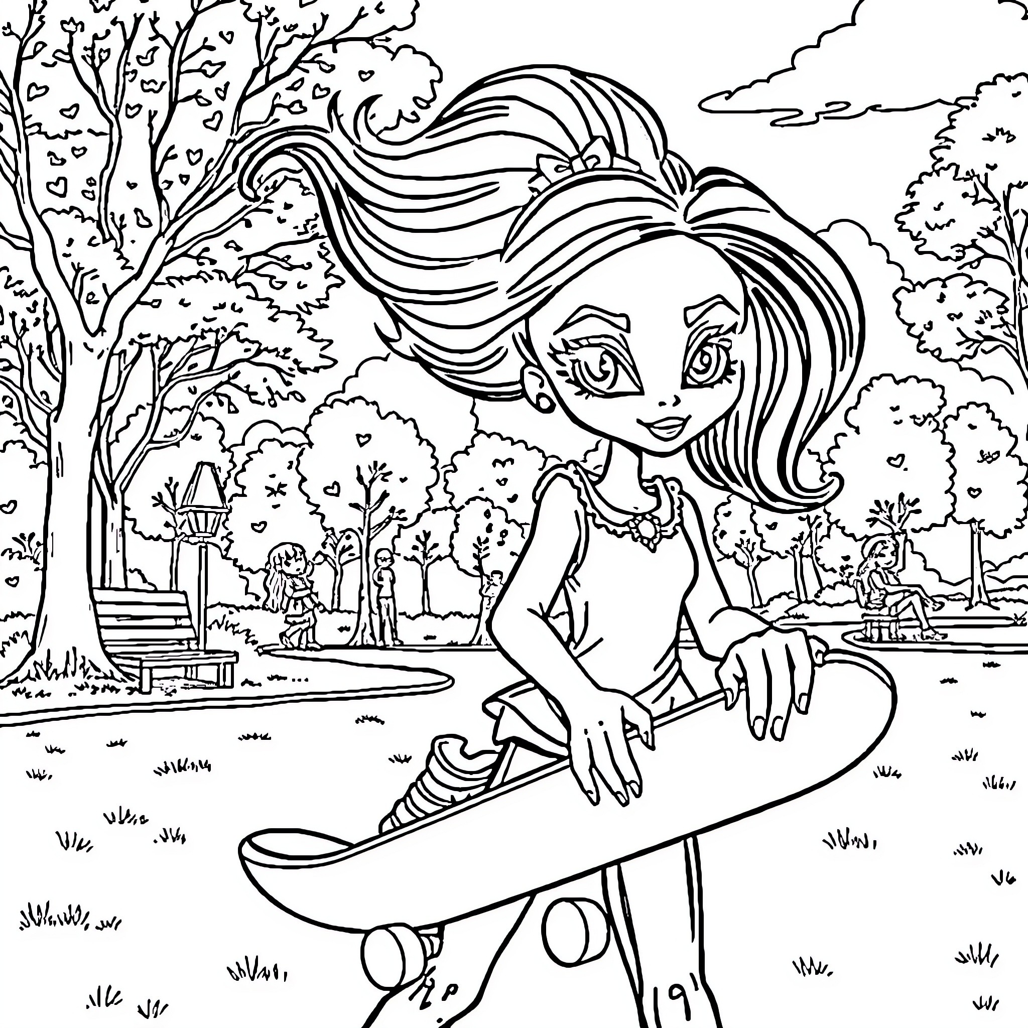 Frankie's Skateboarding Adventure in the Park Coloring Page (free black-and-white line drawing printable PDF for all, from beginners to advanced learners, including children, teens, adults, and seniors)