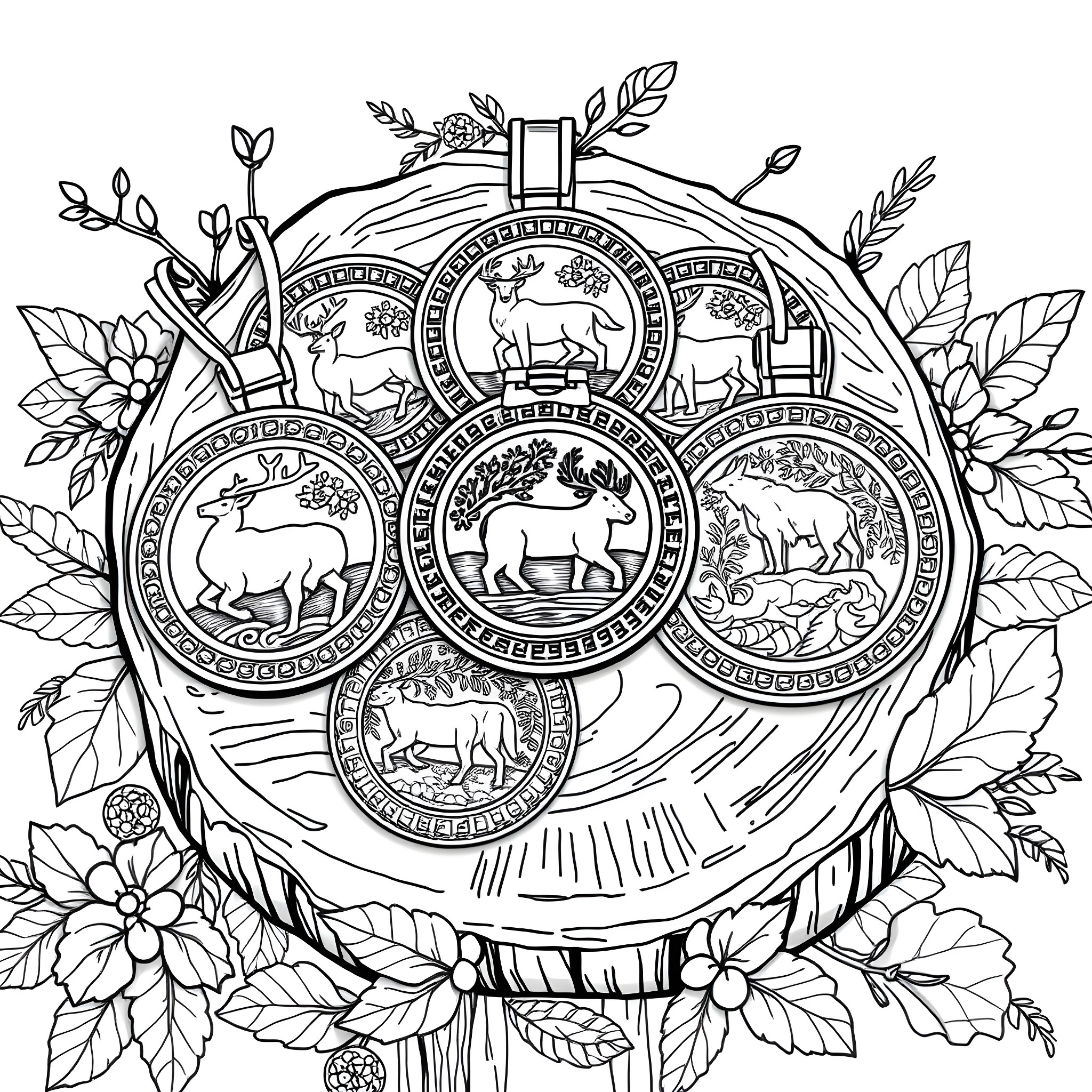 Medal with Intricate Animal Designs and Floral Accents Coloring Page (free black-and-white line drawing printable PDF for all, from beginners to advanced learners, including children, teens, adults, and seniors)