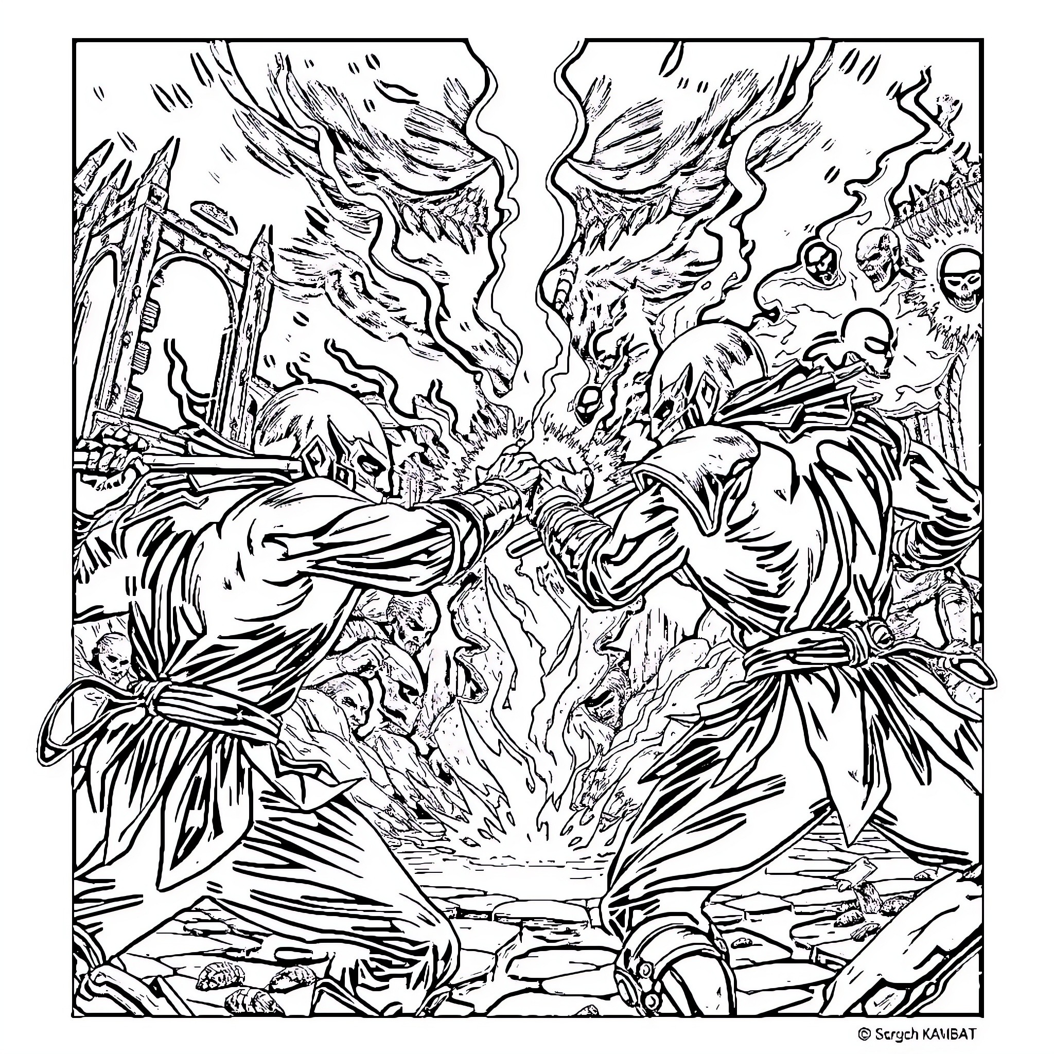 Mortal Kombat Fierce Battle Amidst Destruction Coloring Page (free black-and-white line drawing printable PDF for all, from beginners to advanced learners, including children, teens, adults, and seniors)