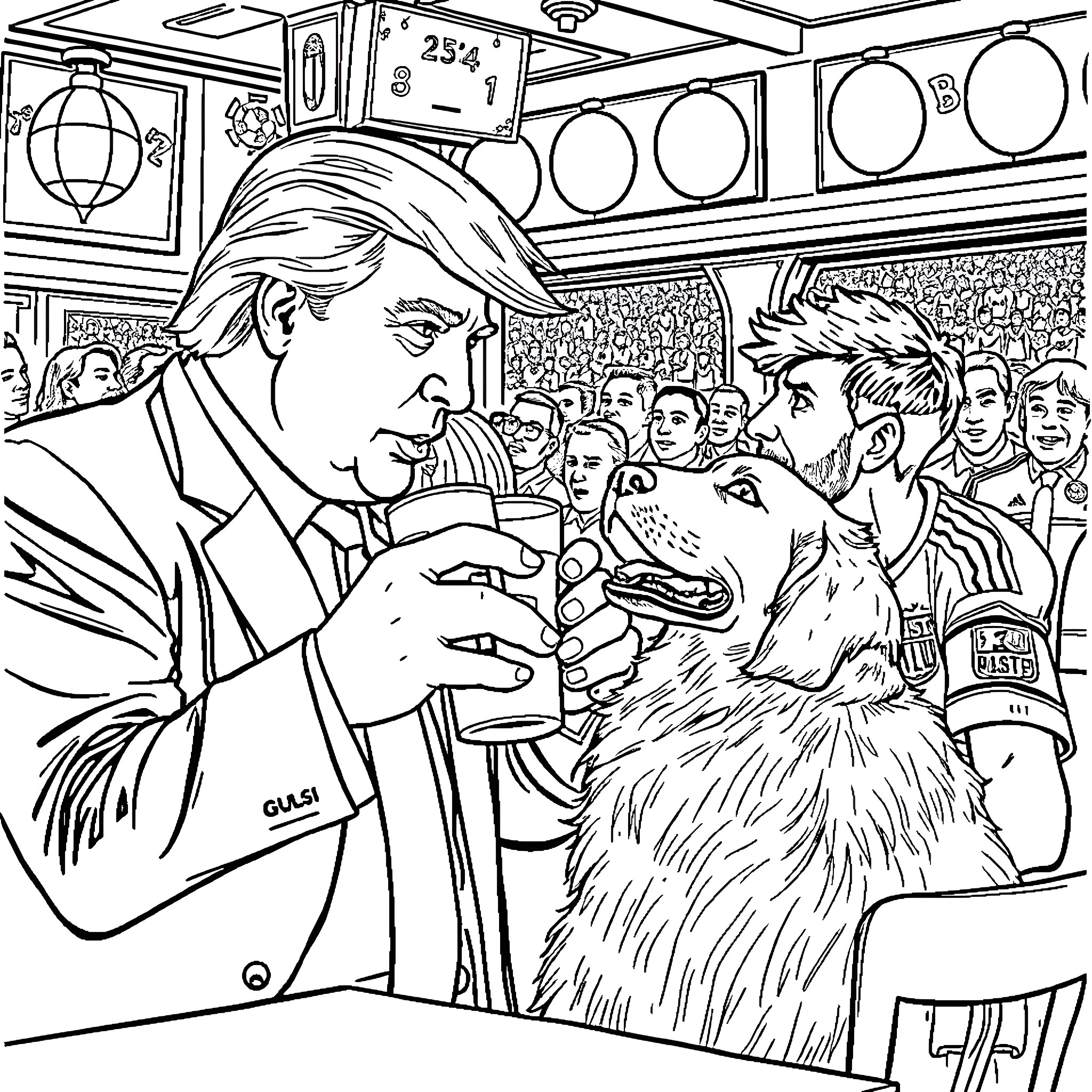 Donald Trump Interacts with Furry Companion in Crowded Setting Coloring Page (free black-and-white line drawing printable PDF for all, from beginners to advanced learners, including children, teens, adults, and seniors)