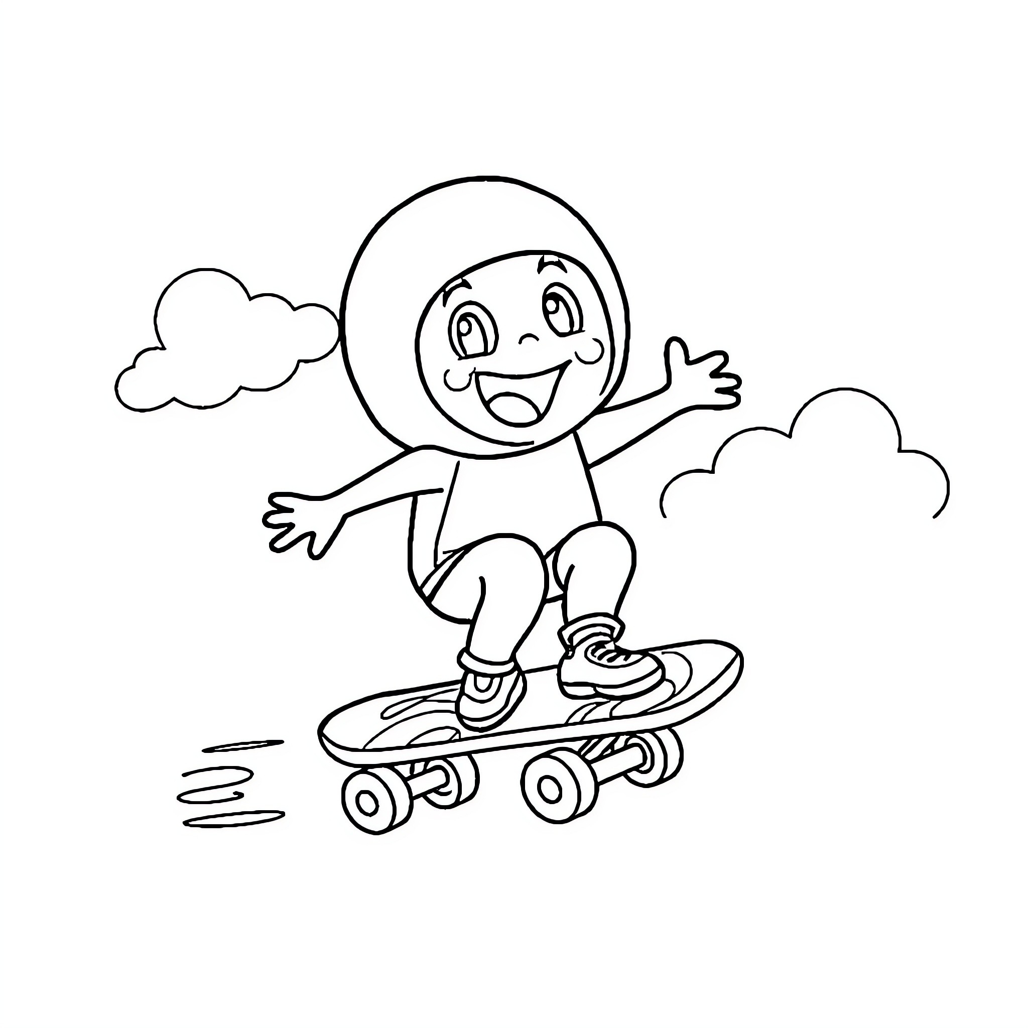 Skateboard enthusiast enjoying ride on clouds Coloring Page (free black-and-white line drawing printable PDF for all, from beginners to advanced learners, including children, teens, adults, and seniors)