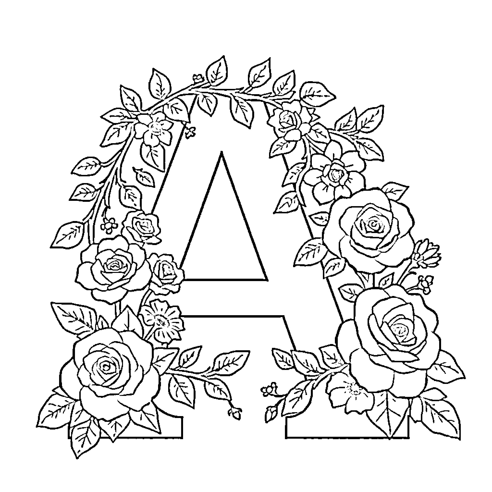 Letter A Adorned with Floral Patterns Coloring Page (free black-and-white line drawing printable PDF for all, from beginners to advanced learners, including children, teens, adults, and seniors)