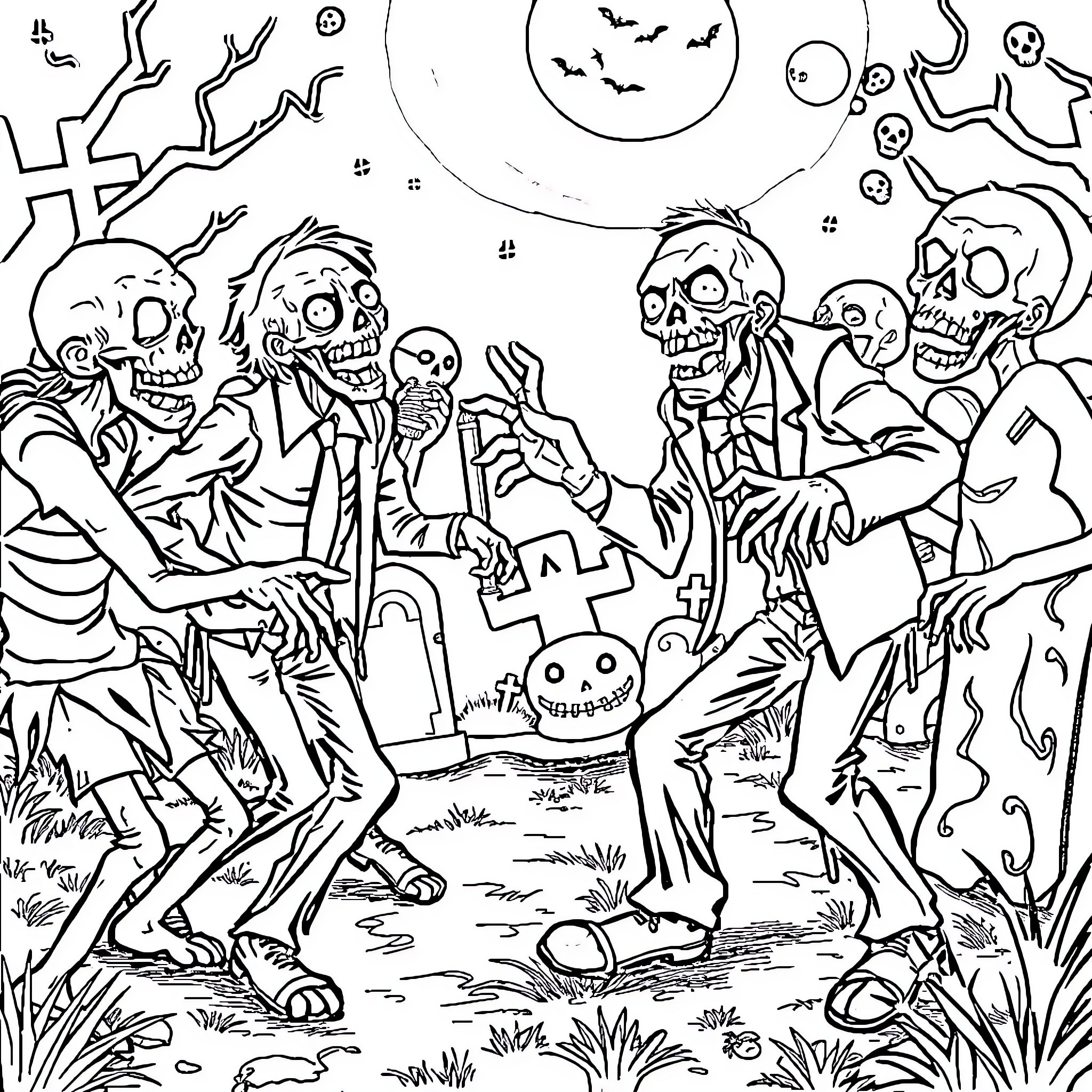 Zombie party in the moonlight Coloring Page (free black-and-white line drawing printable PDF for all, from beginners to advanced learners, including children, teens, adults, and seniors)