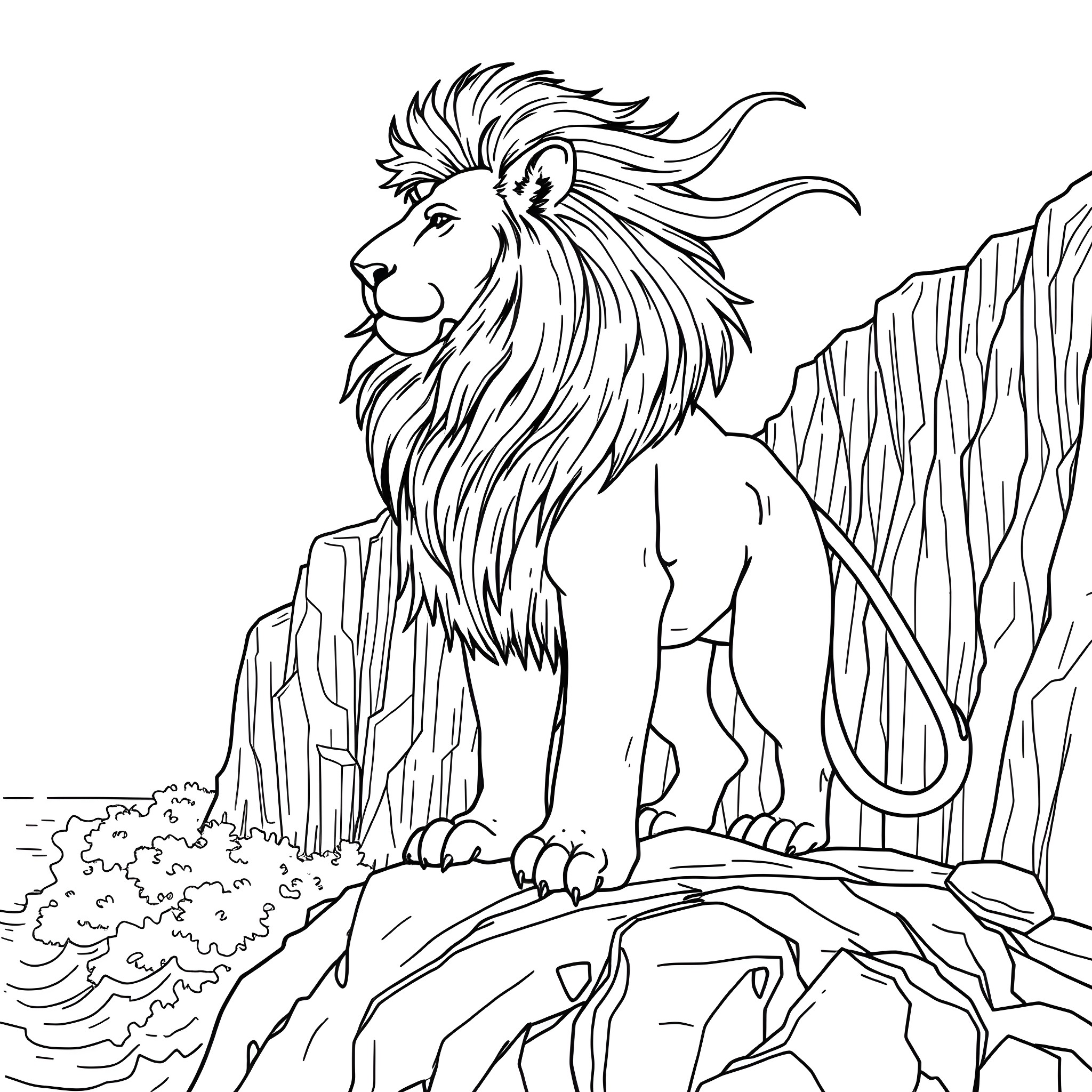 Lion standing majestically on a cliff Coloring Page (free black-and-white line drawing printable PDF for all, from beginners to advanced learners, including children, teens, adults, and seniors)