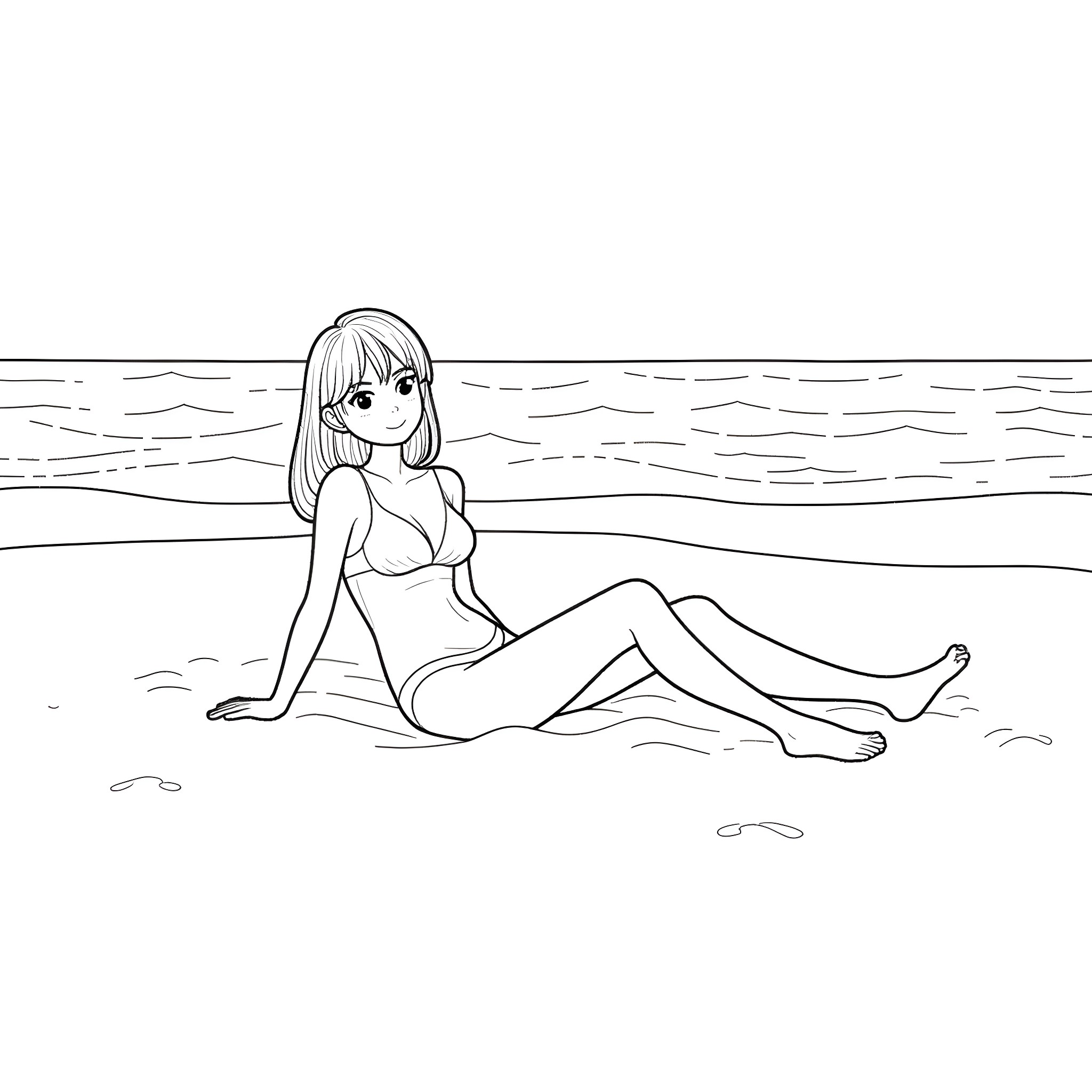 Rae Li relaxing on the beach Coloring Page (free black-and-white line drawing printable PDF for all, from beginners to advanced learners, including children, teens, adults, and seniors)
