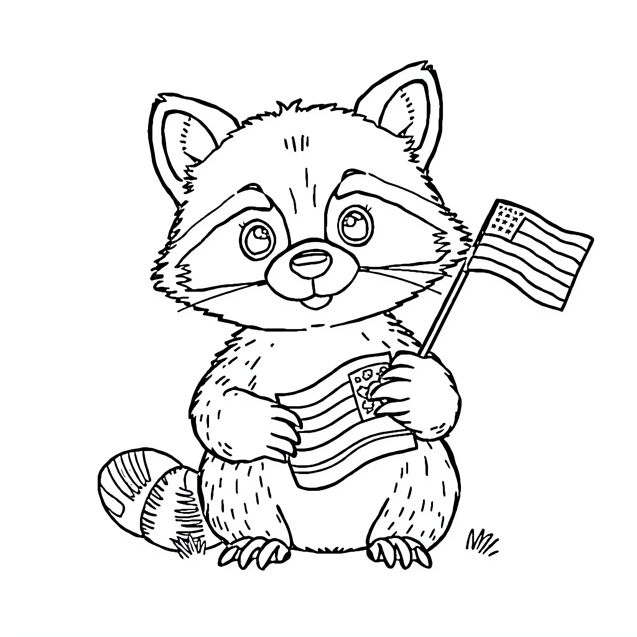 Raccoon holding American flag with joy Coloring Page (free black-and-white line drawing printable PDF for all, from beginners to advanced learners, including children, teens, adults, and seniors)