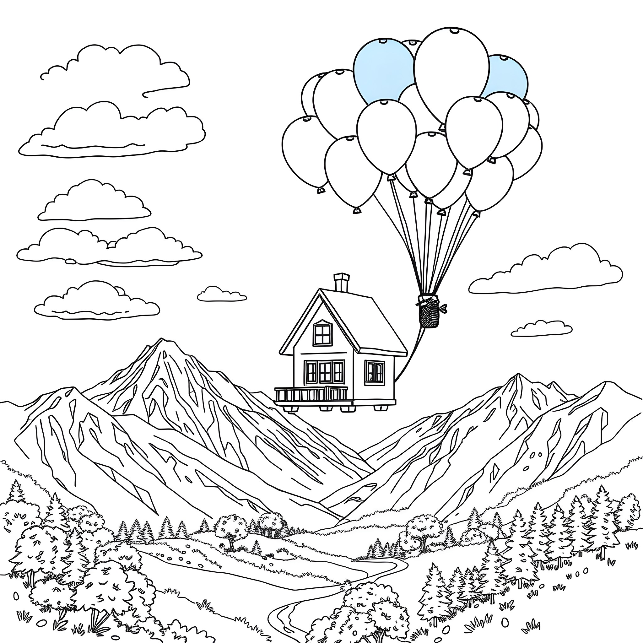 Up and Away with Balloons in the Mountains Coloring Page (free black-and-white line drawing printable PDF for all, from beginners to advanced learners, including children, teens, adults, and seniors)