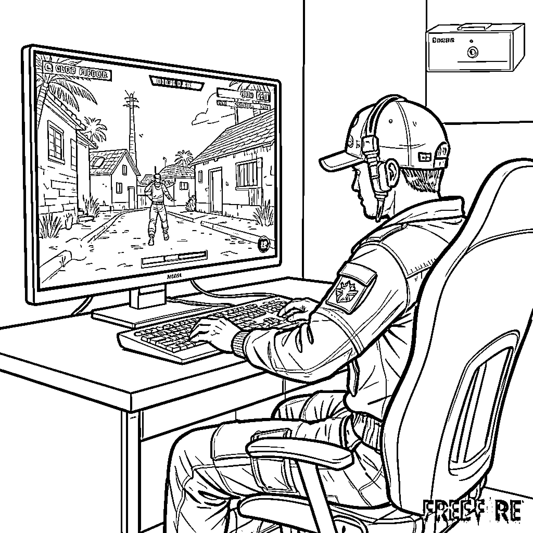 Player gaming on computer with cartoon street scene Coloring Page (free black-and-white line drawing printable PDF for all, from beginners to advanced learners, including children, teens, adults, and seniors)