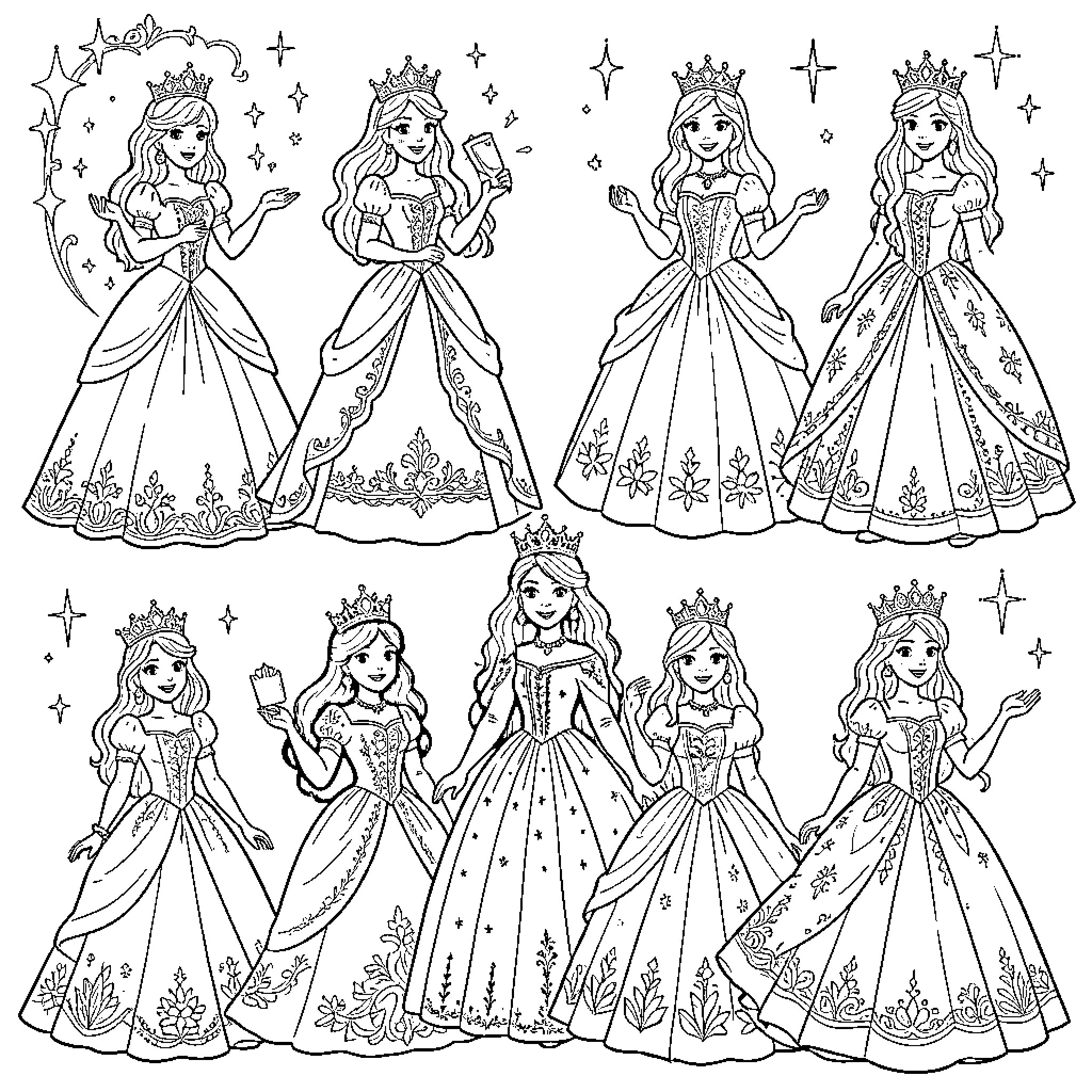 Princess Beauties in Elegant Dresses Coloring Page (free black-and-white line drawing printable PDF for all, from beginners to advanced learners, including children, teens, adults, and seniors)