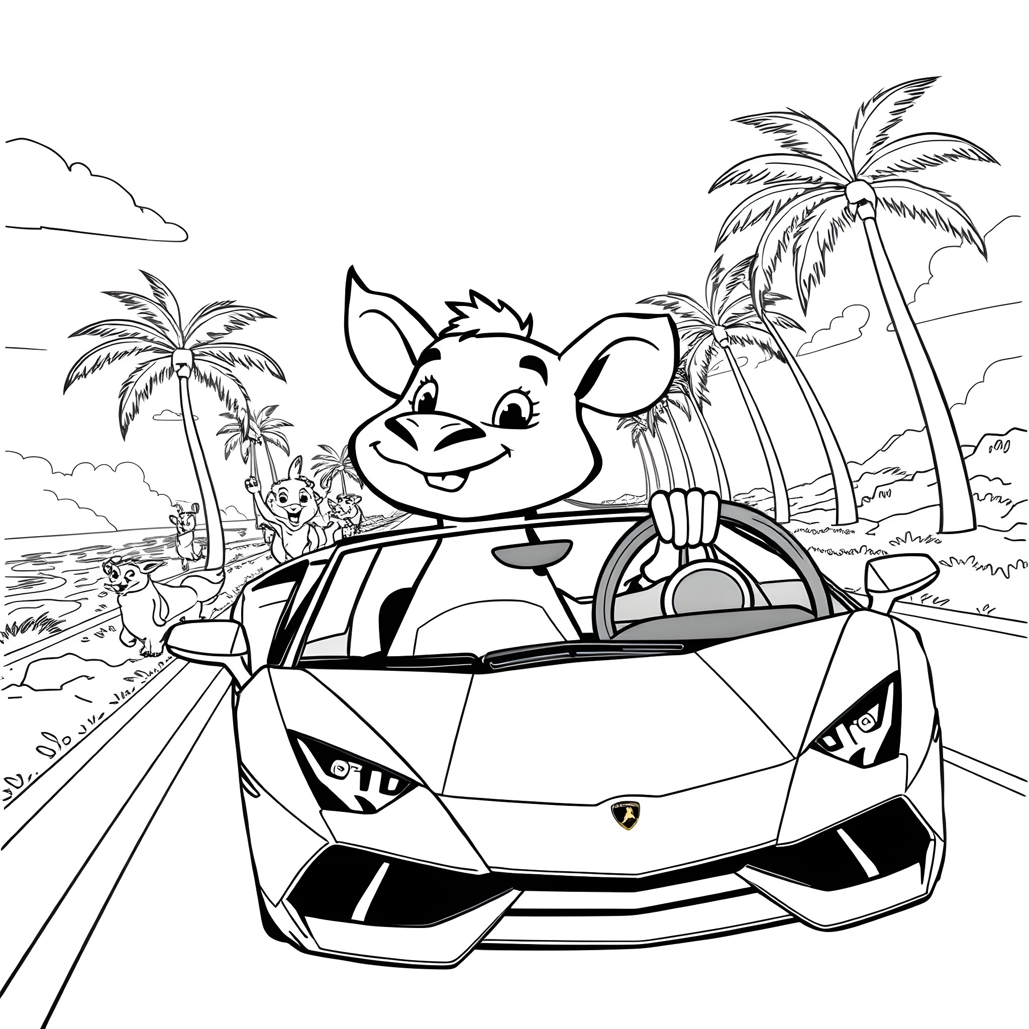 Pumba driving a sports car on a tropical beach Coloring Page (free black-and-white line drawing printable PDF for all, from beginners to advanced learners, including children, teens, adults, and seniors)