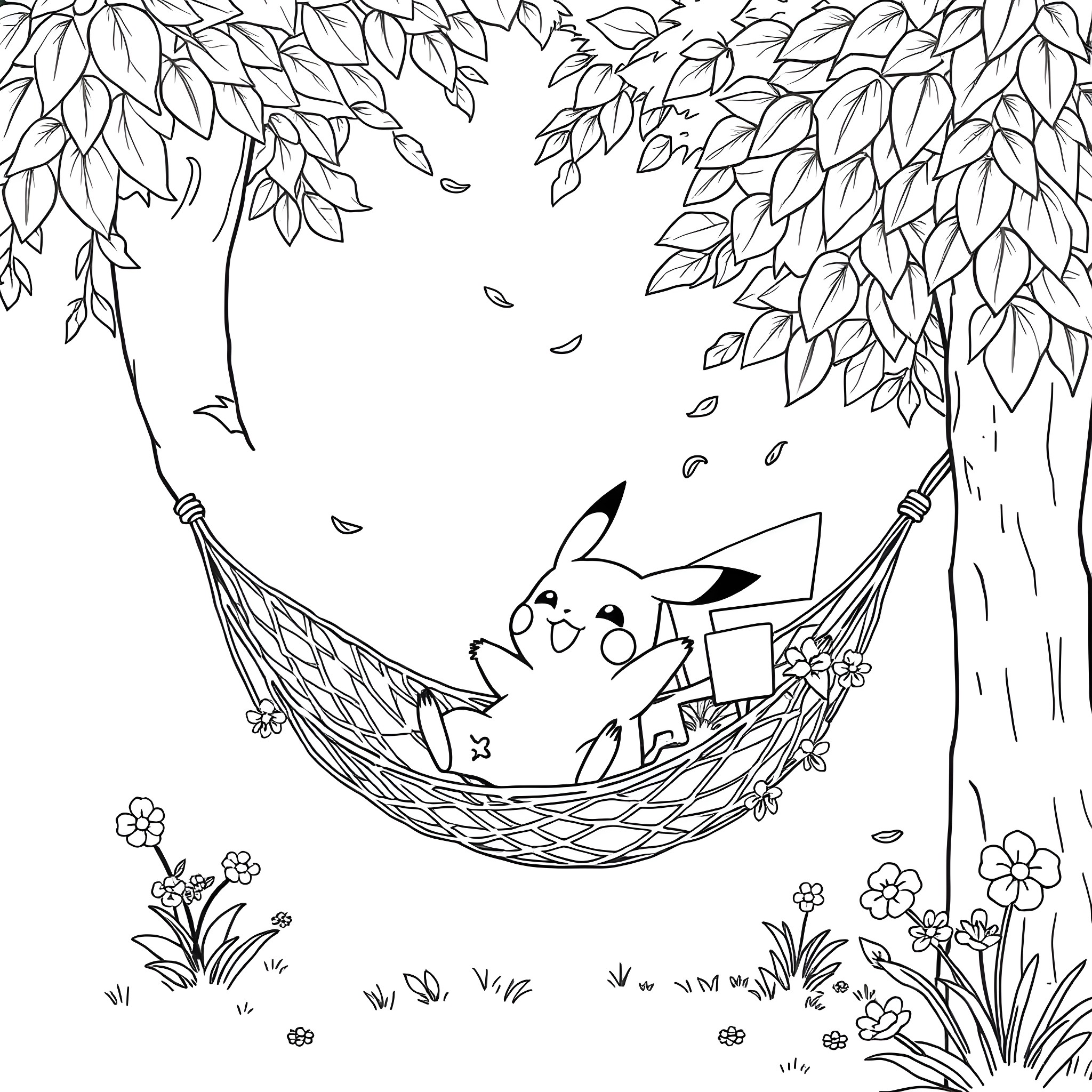 Pikachu relaxing in a hammock under a tree Coloring Page (free black-and-white line drawing printable PDF for all, from beginners to advanced learners, including children, teens, adults, and seniors)