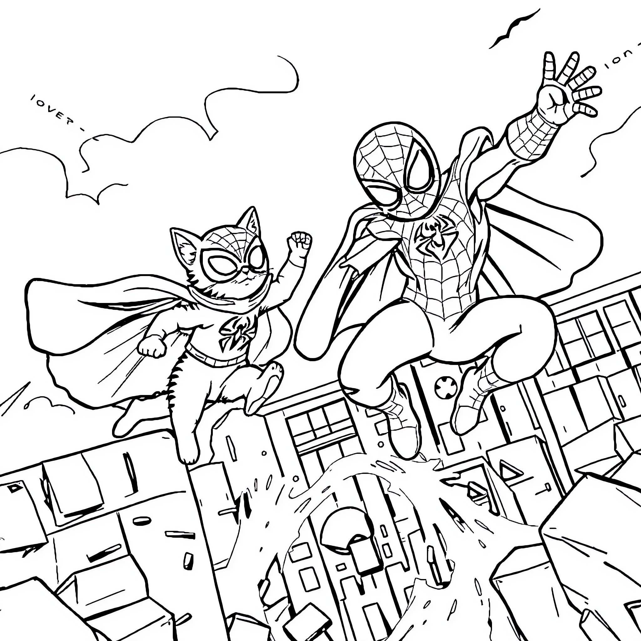 Superkitties saving the city with superhero action Coloring Page (free black-and-white line drawing printable PDF for all, from beginners to advanced learners, including children, teens, adults, and seniors)