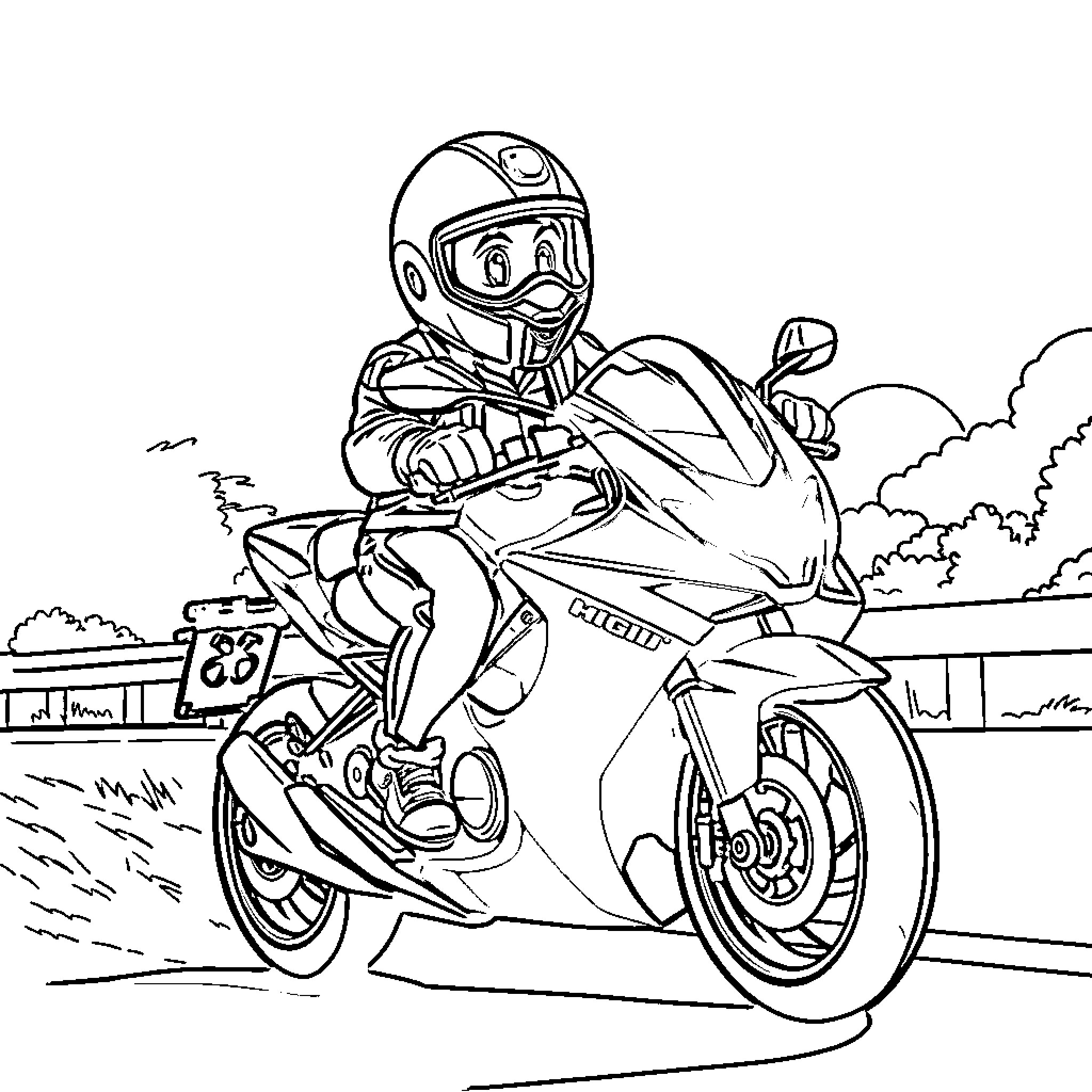 Luigi riding a motorcycle on the road Coloring Page (free black-and-white line drawing printable PDF for all, from beginners to advanced learners, including children, teens, adults, and seniors)