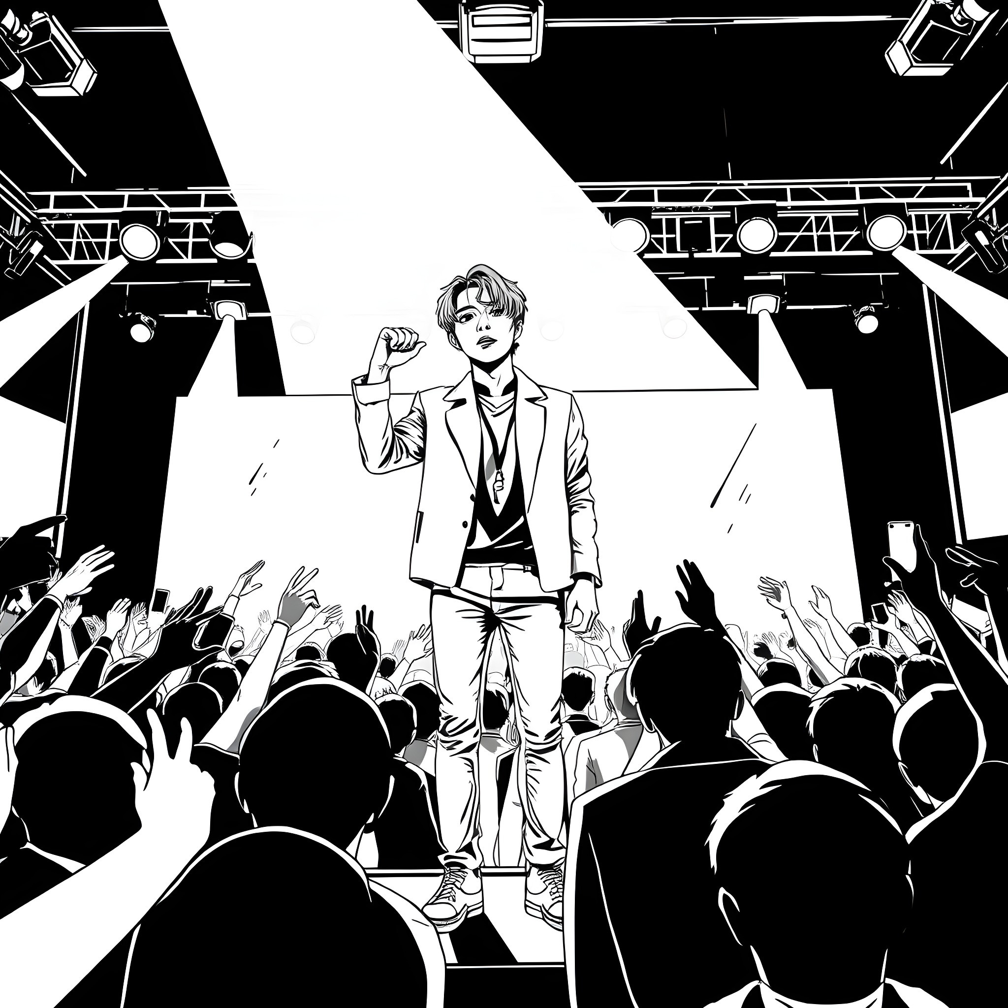 Felix's Energetic Performance on the Vibrant Stage Coloring Page (free black-and-white line drawing printable PDF for all, from beginners to advanced learners, including children, teens, adults, and seniors)