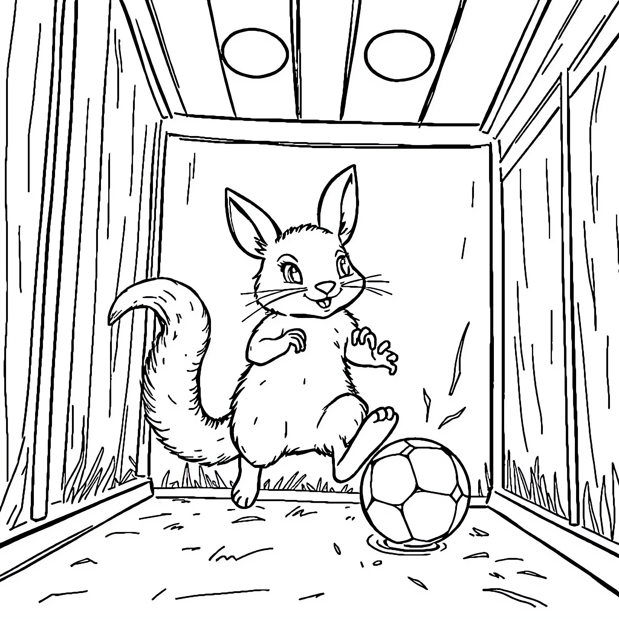 Conejo playing with ball in the room Coloring Page (free black-and-white line drawing printable PDF for all, from beginners to advanced learners, including children, teens, adults, and seniors)