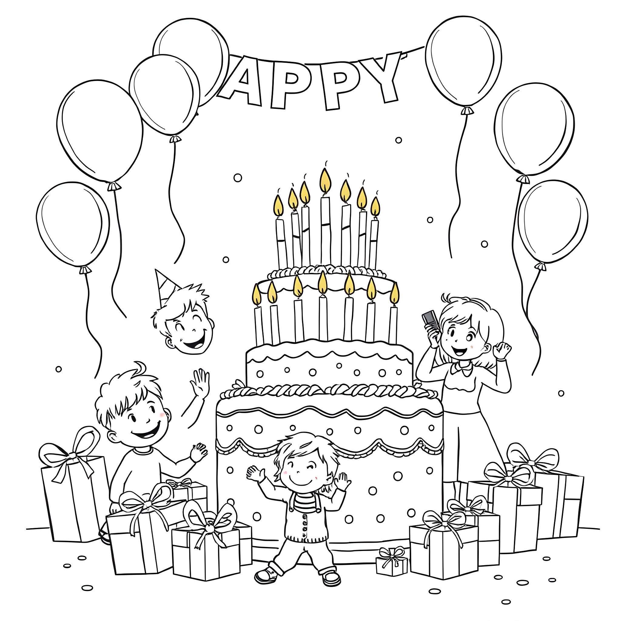 Birthday party with balloons and a cake Coloring Page (free black-and-white line drawing printable PDF for all, from beginners to advanced learners, including children, teens, adults, and seniors)