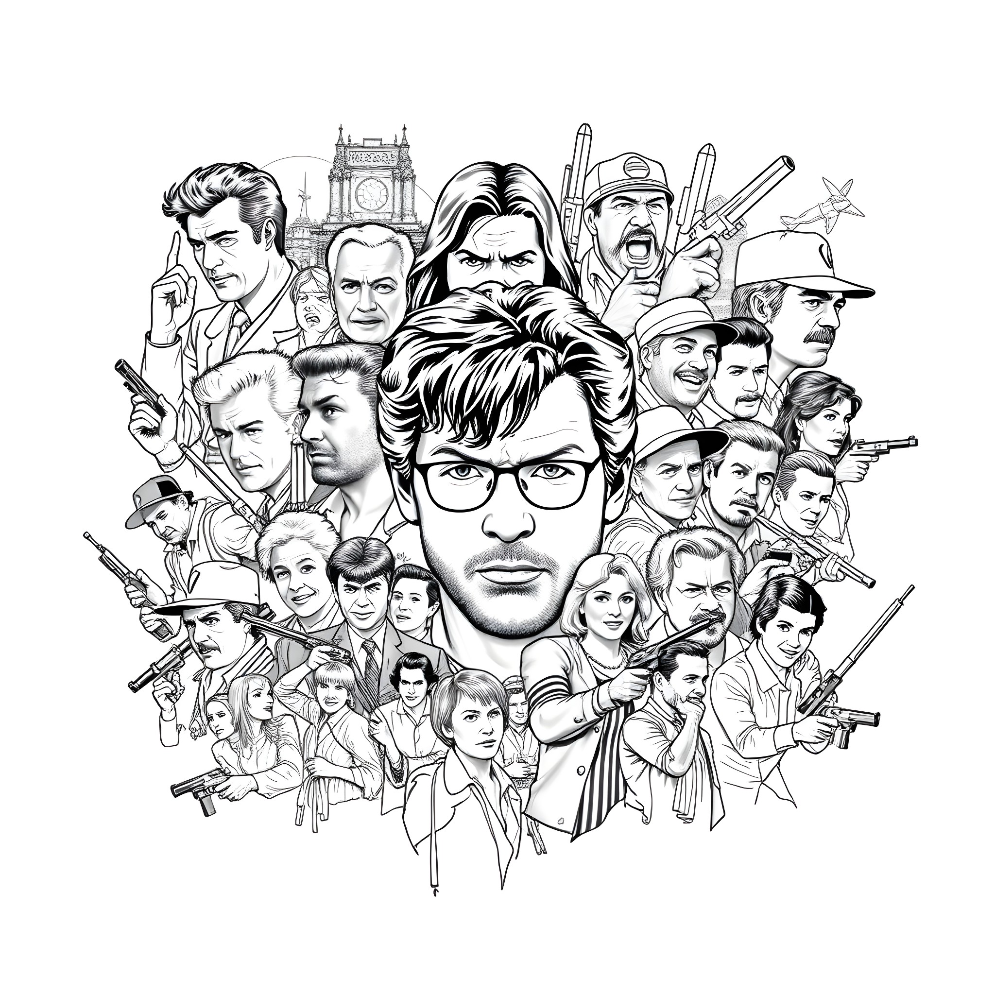 Val Kilmer - A Collage of Iconic Characters and Performances Coloring Page (free black-and-white line drawing printable PDF for all, from beginners to advanced learners, including children, teens, adults, and seniors)