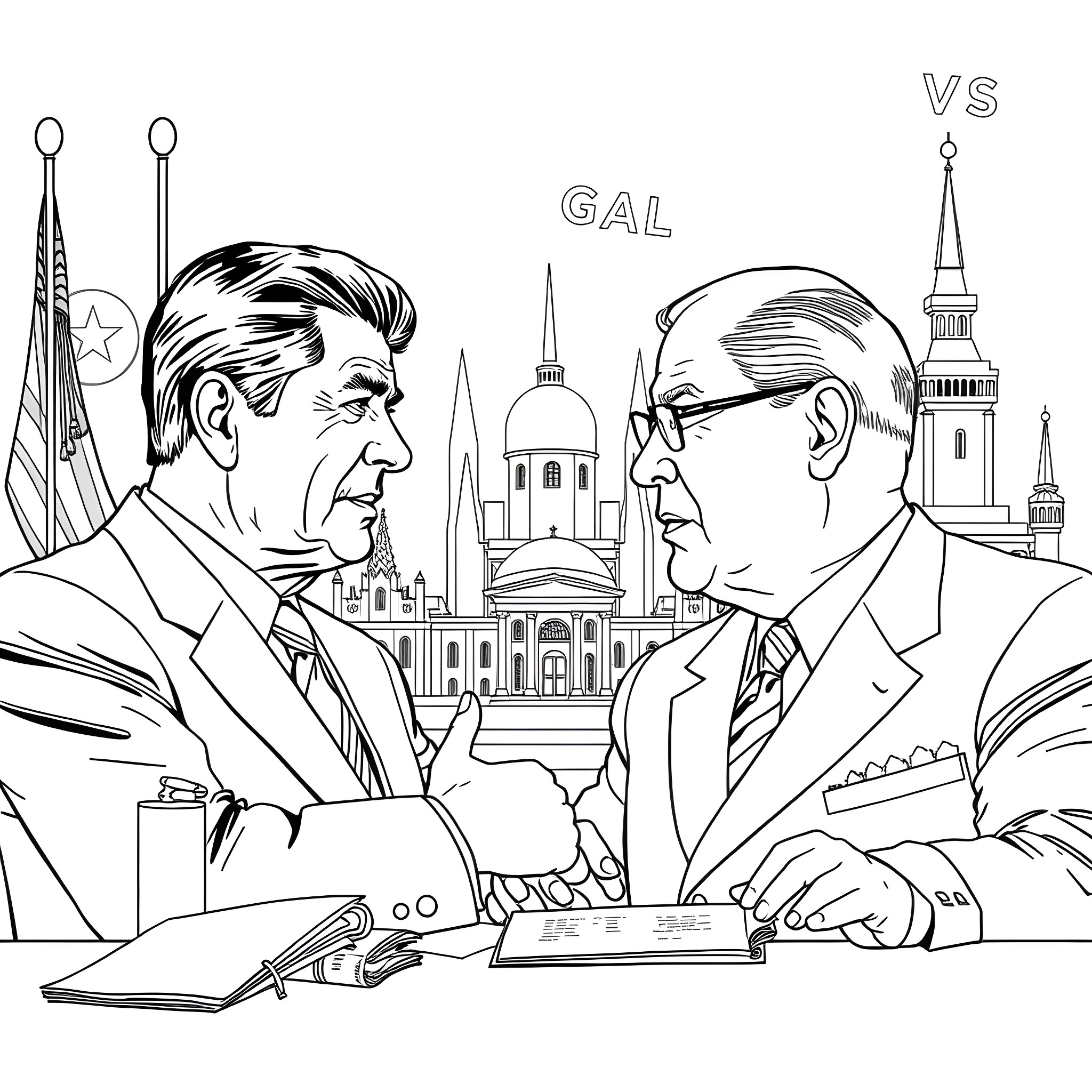 Reagan and Gal meet in formal attire in front of government buildings Coloring Page (free black-and-white line drawing printable PDF for all, from beginners to advanced learners, including children, teens, adults, and seniors)