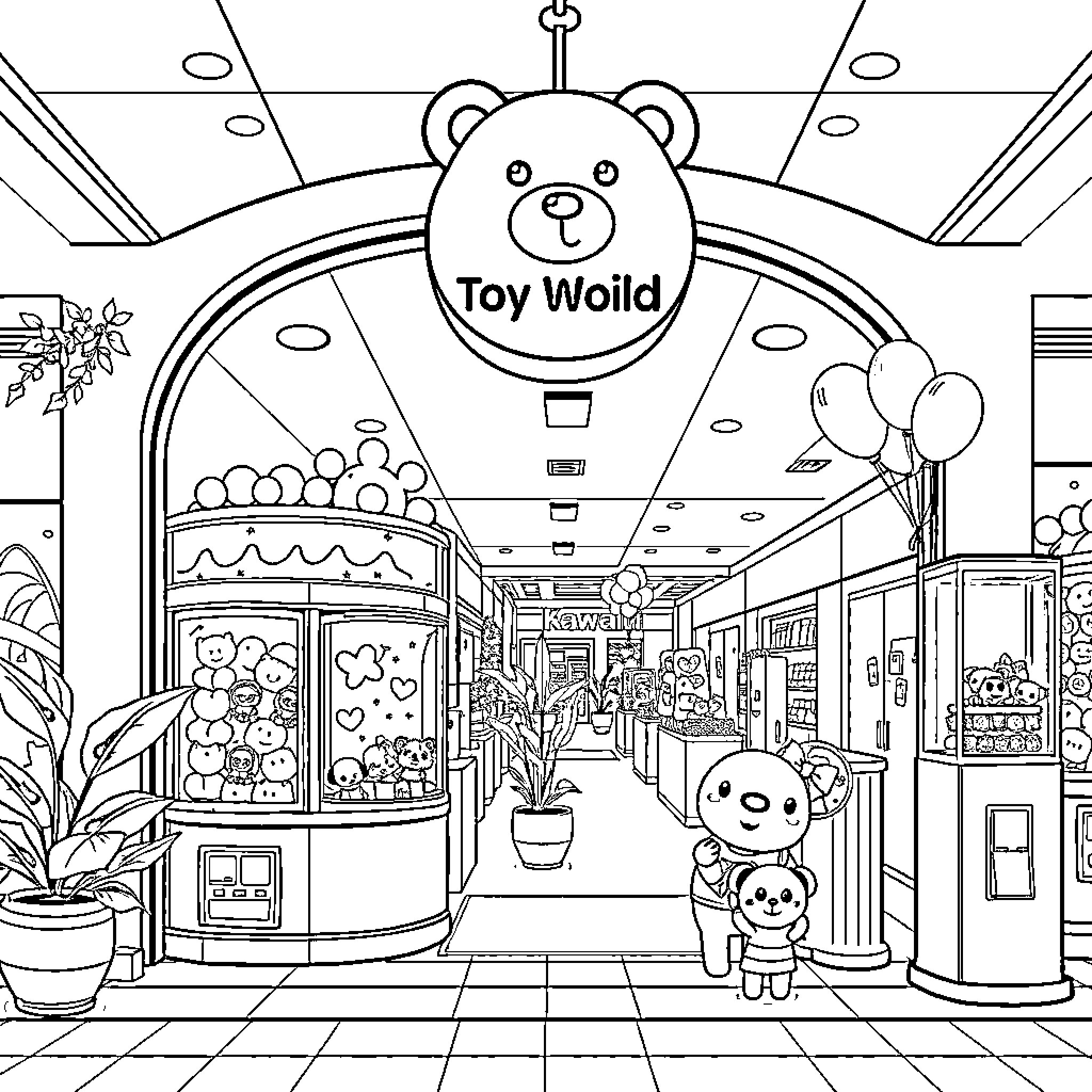 Toy Shop with Whimsical Decor and Playful Characters Coloring Page (free black-and-white line drawing printable PDF for all, from beginners to advanced learners, including children, teens, adults, and seniors)