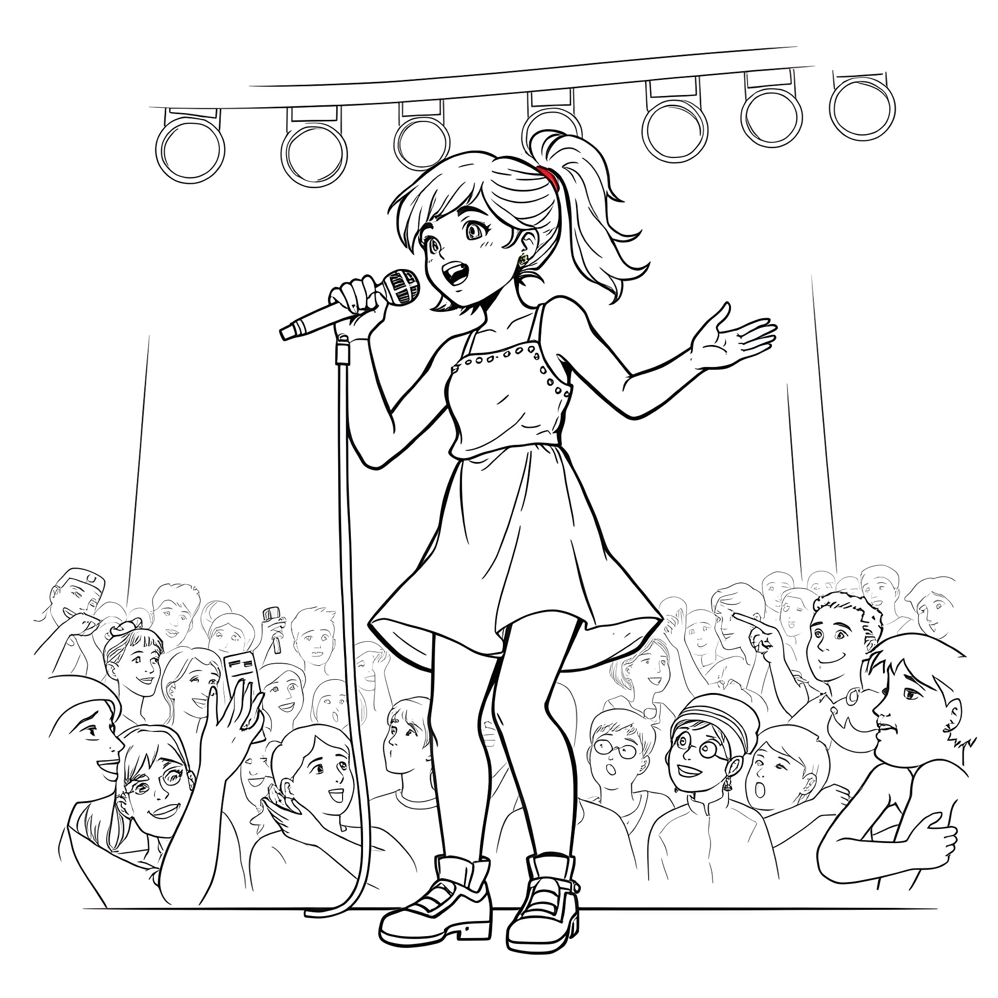 Teen Girl Performing on Stage with Audience Coloring Page (free black-and-white line drawing printable PDF for all, from beginners to advanced learners, including children, teens, adults, and seniors)