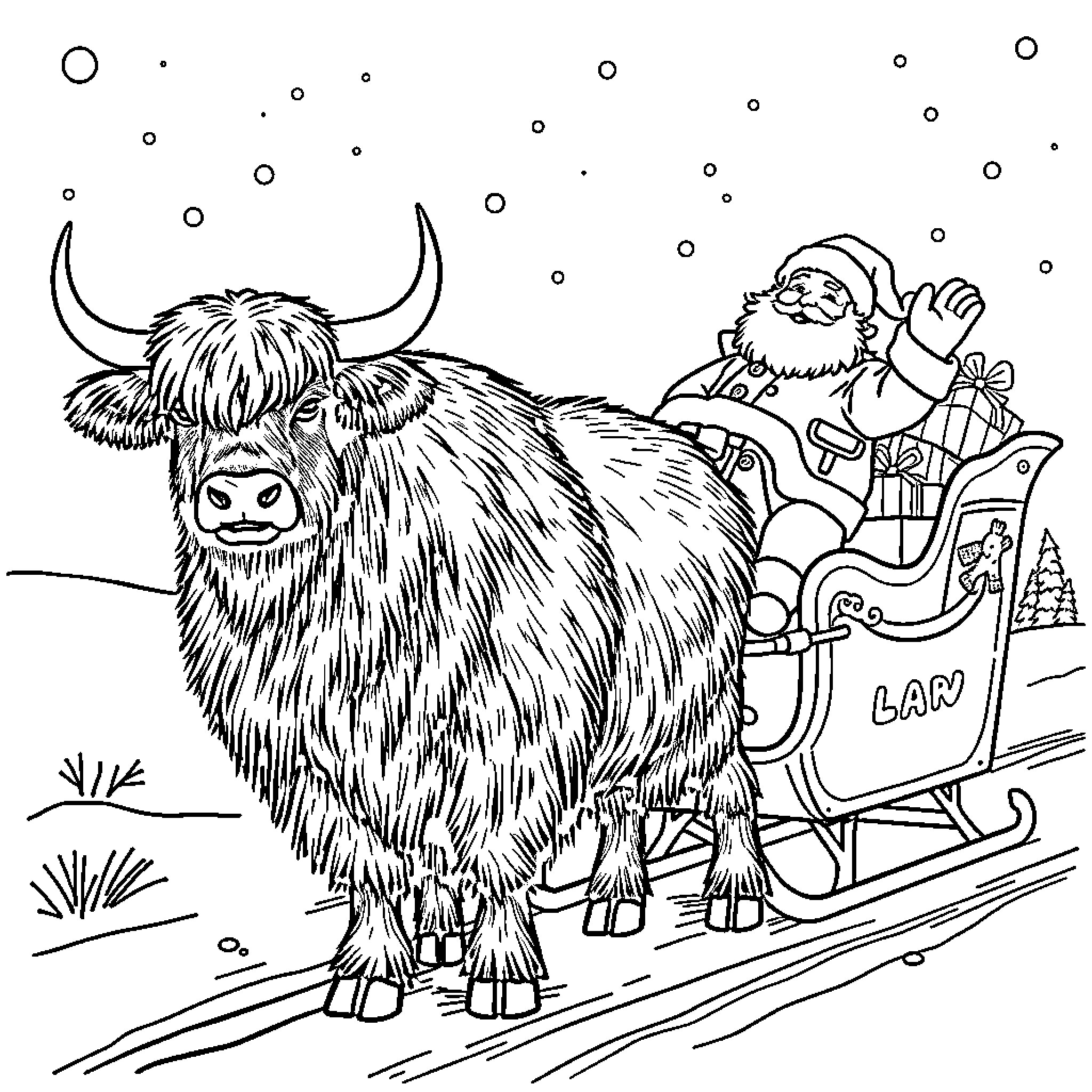 Highland Cow pulling Santa's sleigh in a snowy scene Coloring Page (free black-and-white line drawing printable PDF for all, from beginners to advanced learners, including children, teens, adults, and seniors)