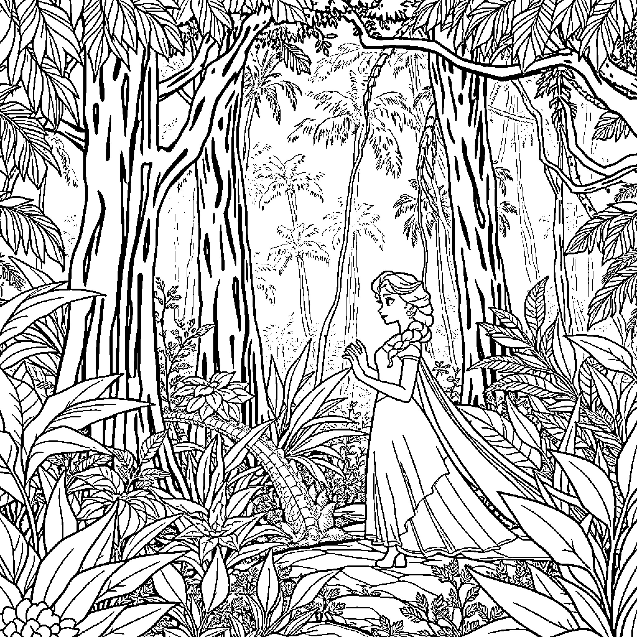 Princess walking gracefully through a lush jungle Coloring Page (free black-and-white line drawing printable PDF for all, from beginners to advanced learners, including children, teens, adults, and seniors)
