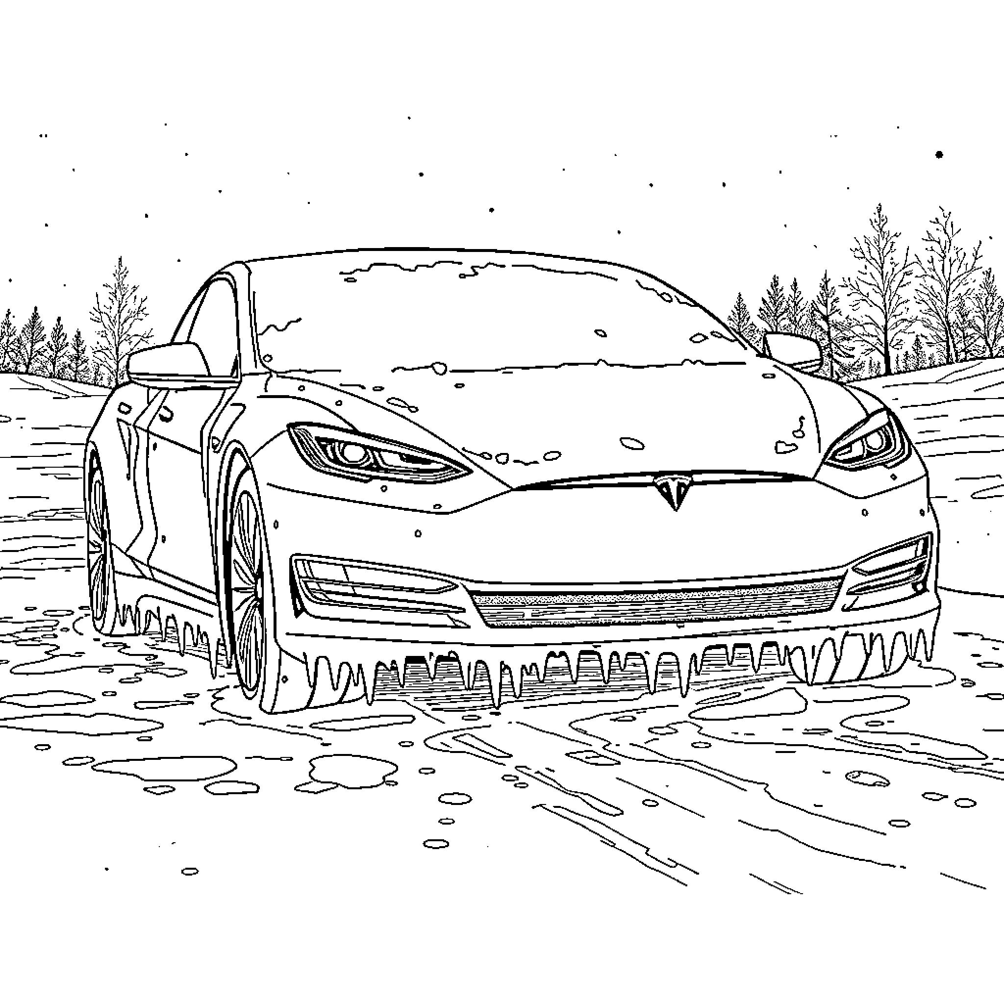 Tesla electric vehicle driving through snowy landscape Coloring Page (free black-and-white line drawing printable PDF for all, from beginners to advanced learners, including children, teens, adults, and seniors)
