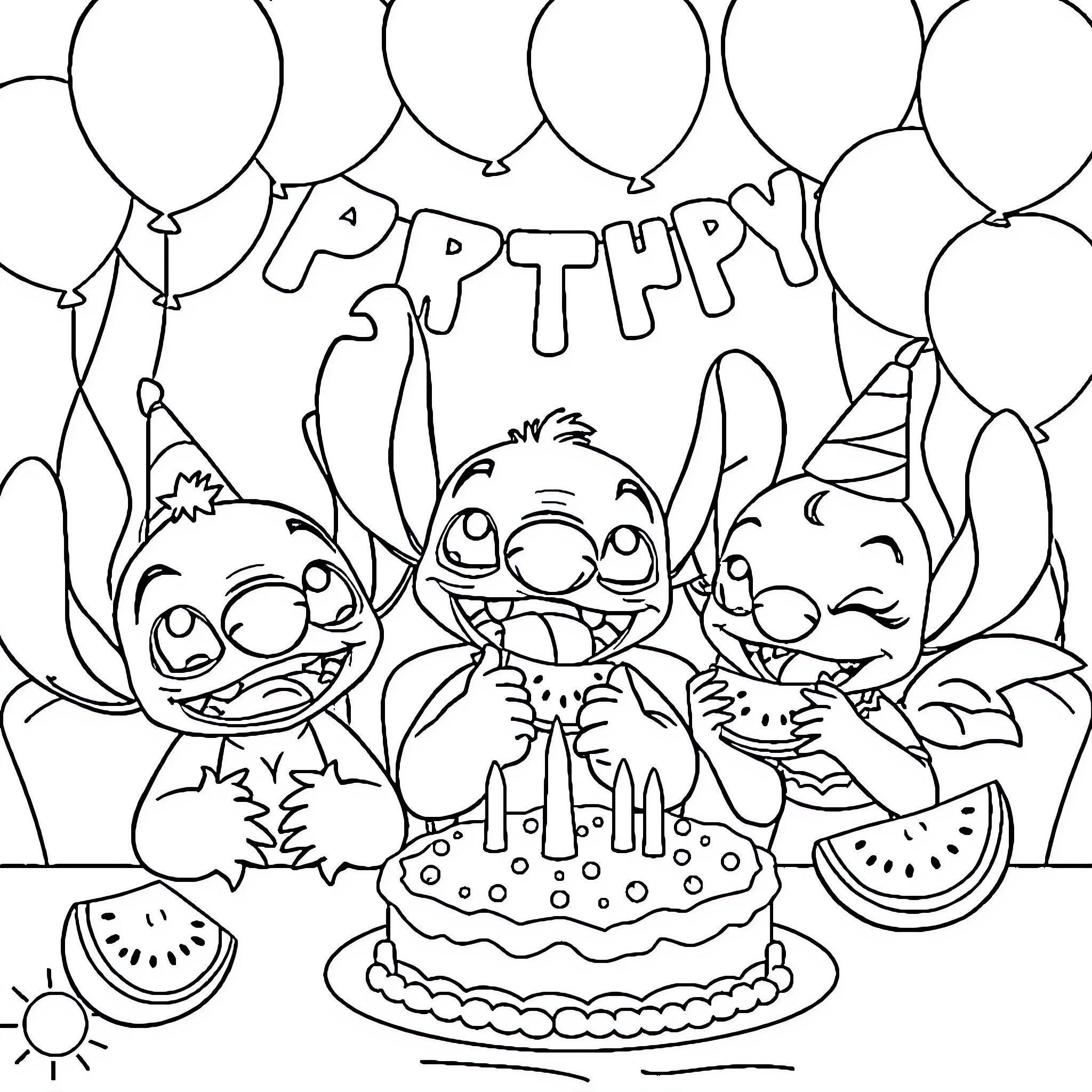 Lilo celebrating a happy birthday with friends Coloring Page (free black-and-white line drawing printable PDF for all, from beginners to advanced learners, including children, teens, adults, and seniors)