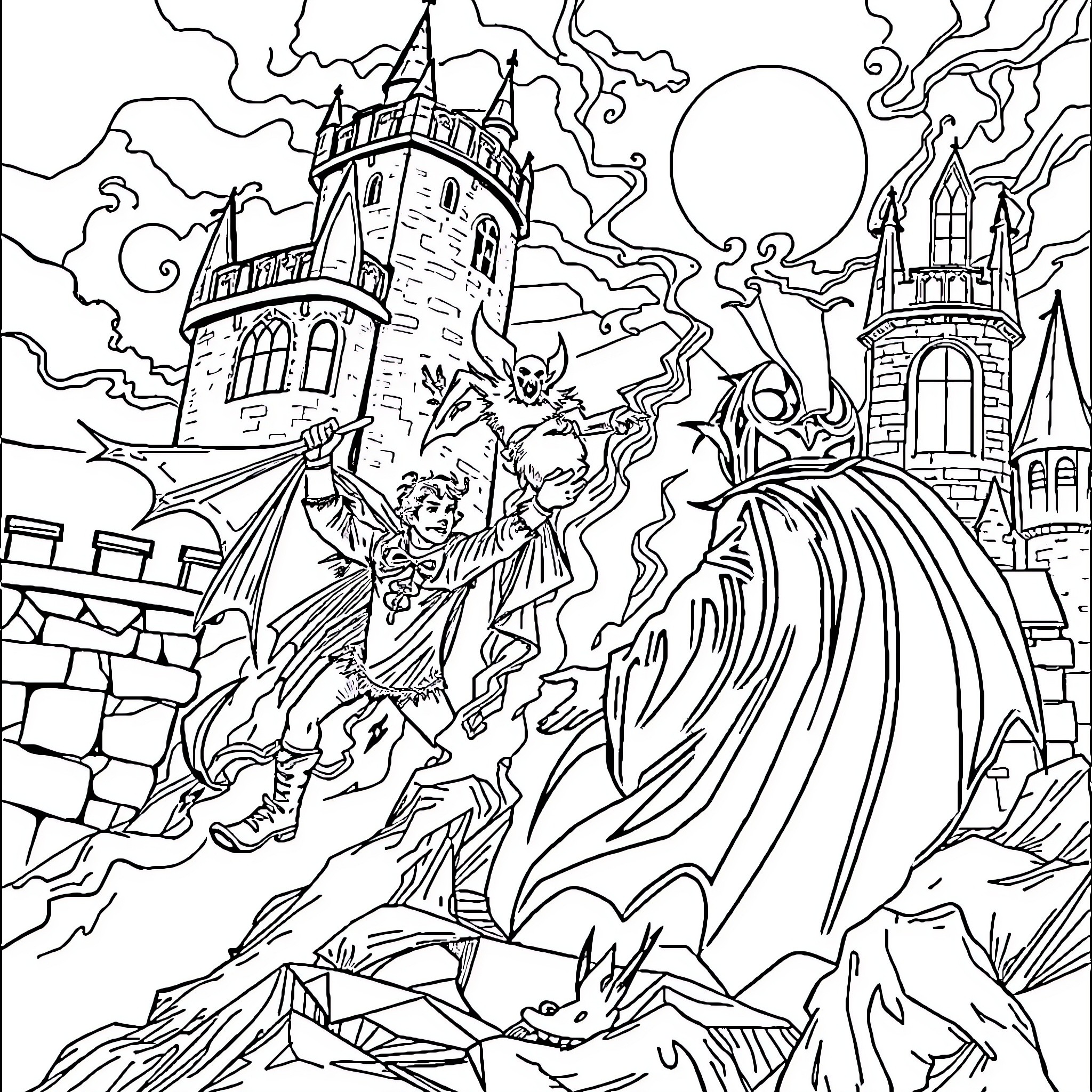 Van Helsing Battles Supernatural Foes in Haunting Castle Coloring Page (free black-and-white line drawing printable PDF for all, from beginners to advanced learners, including children, teens, adults, and seniors)