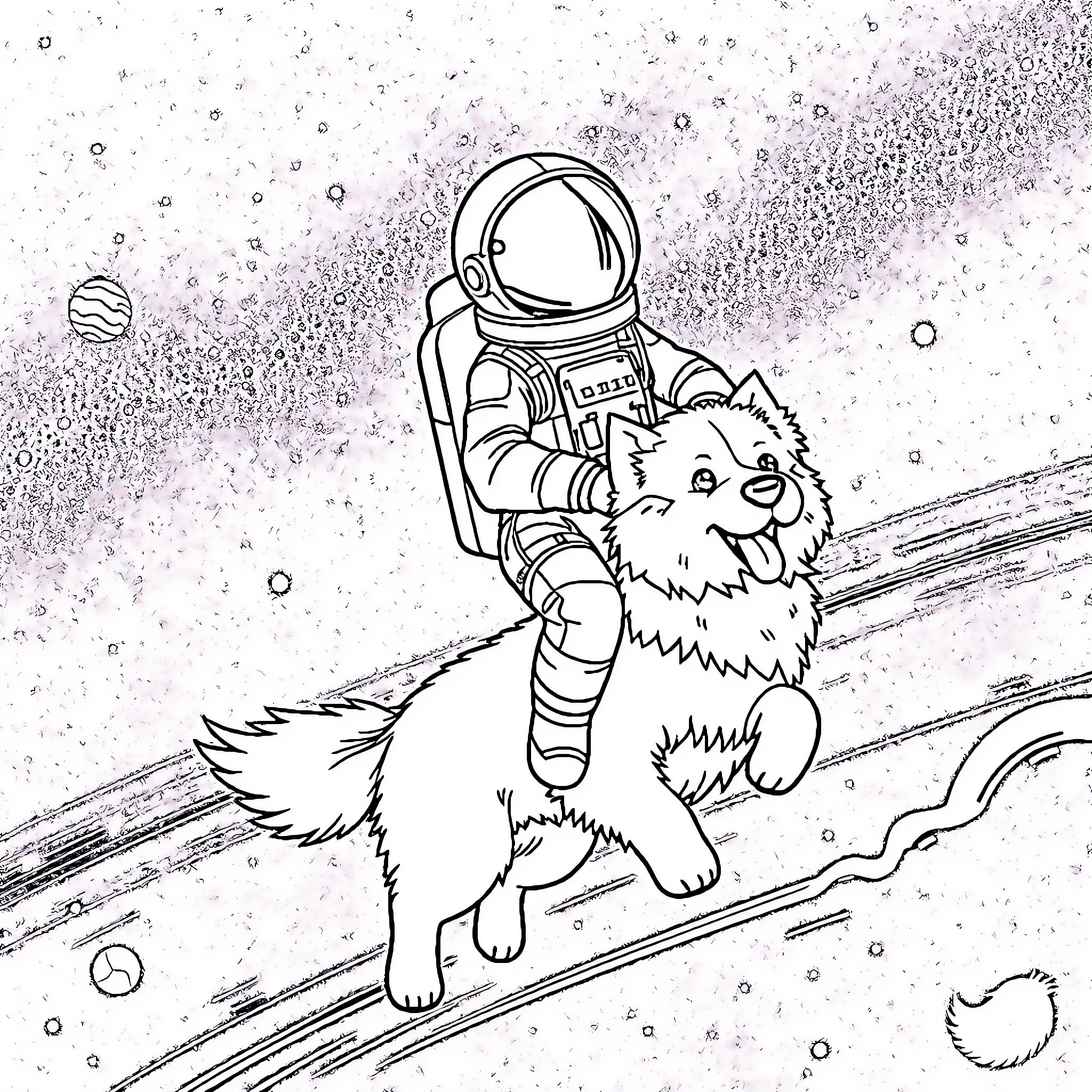 Astronaut exploring the cosmos with a furry companion Coloring Page (free black-and-white line drawing printable PDF for all, from beginners to advanced learners, including children, teens, adults, and seniors)