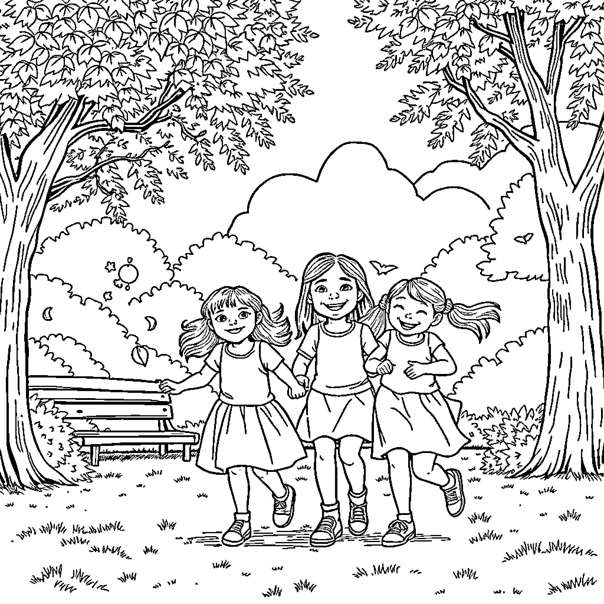 Family Fun in the Forest Outdoors Coloring Page (free black-and-white line drawing printable PDF for all, from beginners to advanced learners, including children, teens, adults, and seniors)