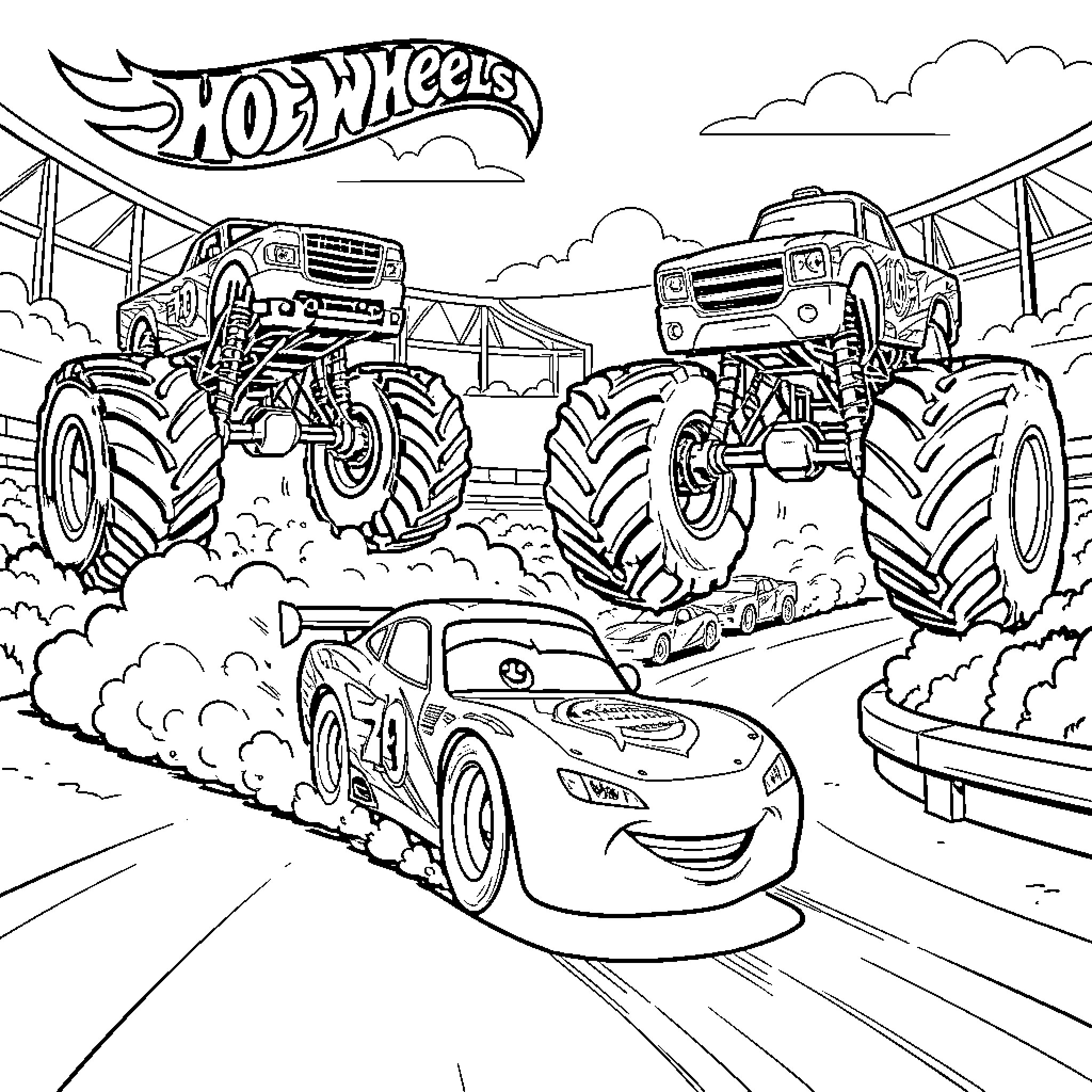 Car racing intensely alongside massive monster trucks Coloring Page (free black-and-white line drawing printable PDF for all, from beginners to advanced learners, including children, teens, adults, and seniors)