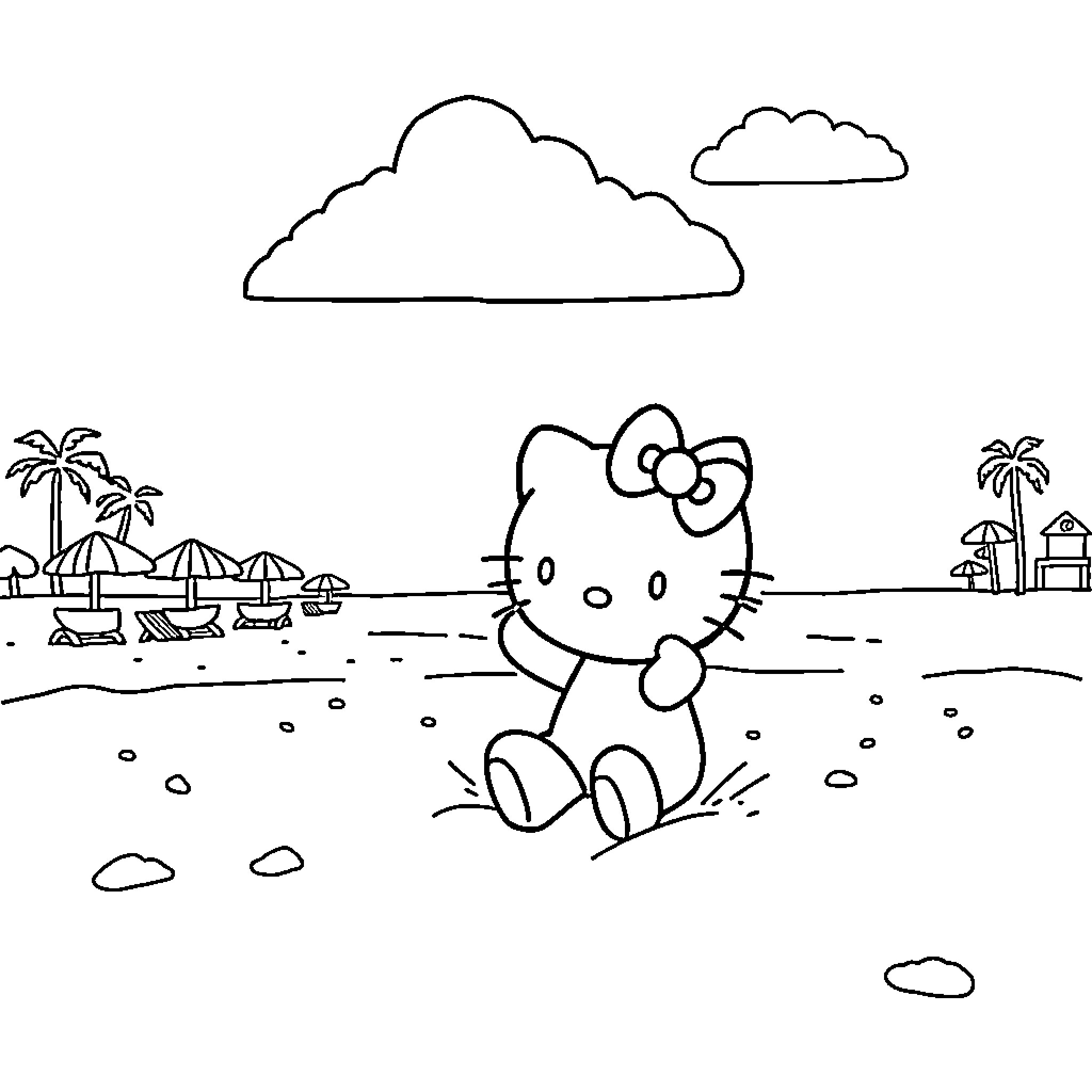 Hello Kitty enjoying a day at the beach Coloring Page (free black-and-white line drawing printable PDF for all, from beginners to advanced learners, including children, teens, adults, and seniors)