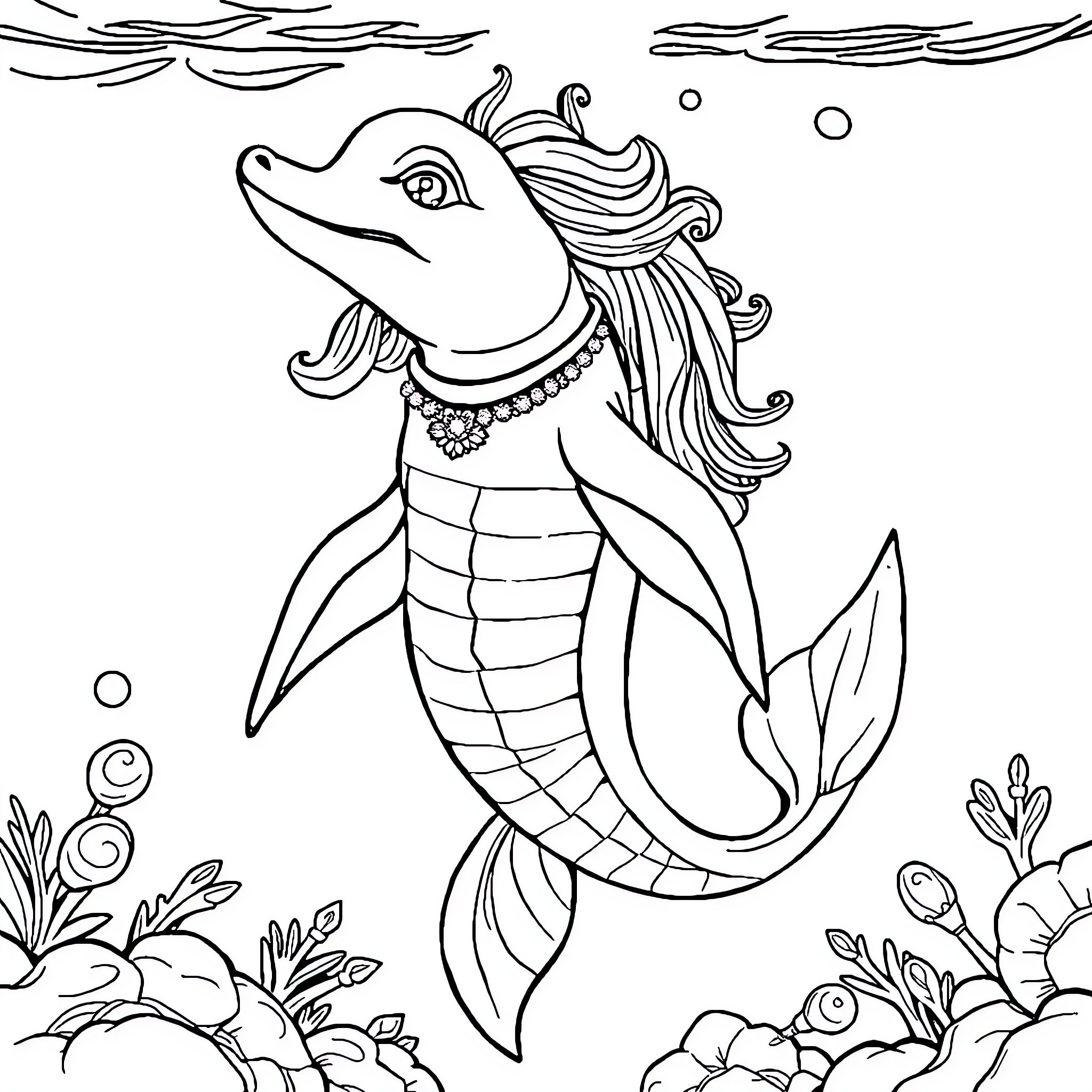 Mermaid swimming gracefully underwater Coloring Page (free black-and-white line drawing printable PDF for all, from beginners to advanced learners, including children, teens, adults, and seniors)