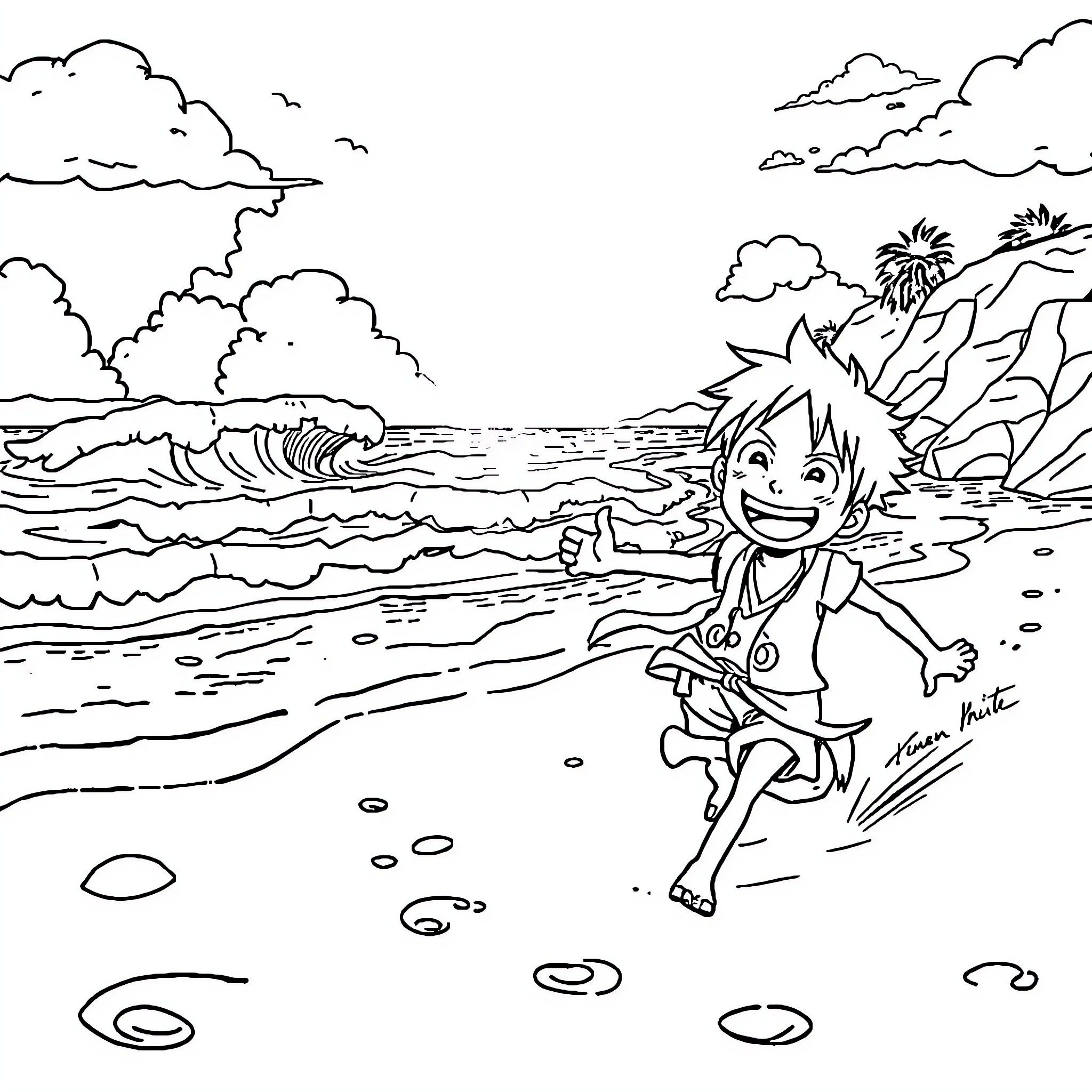 Luffy's Carefree Beachside Adventure Coloring Page (free black-and-white line drawing printable PDF for all, from beginners to advanced learners, including children, teens, adults, and seniors)
