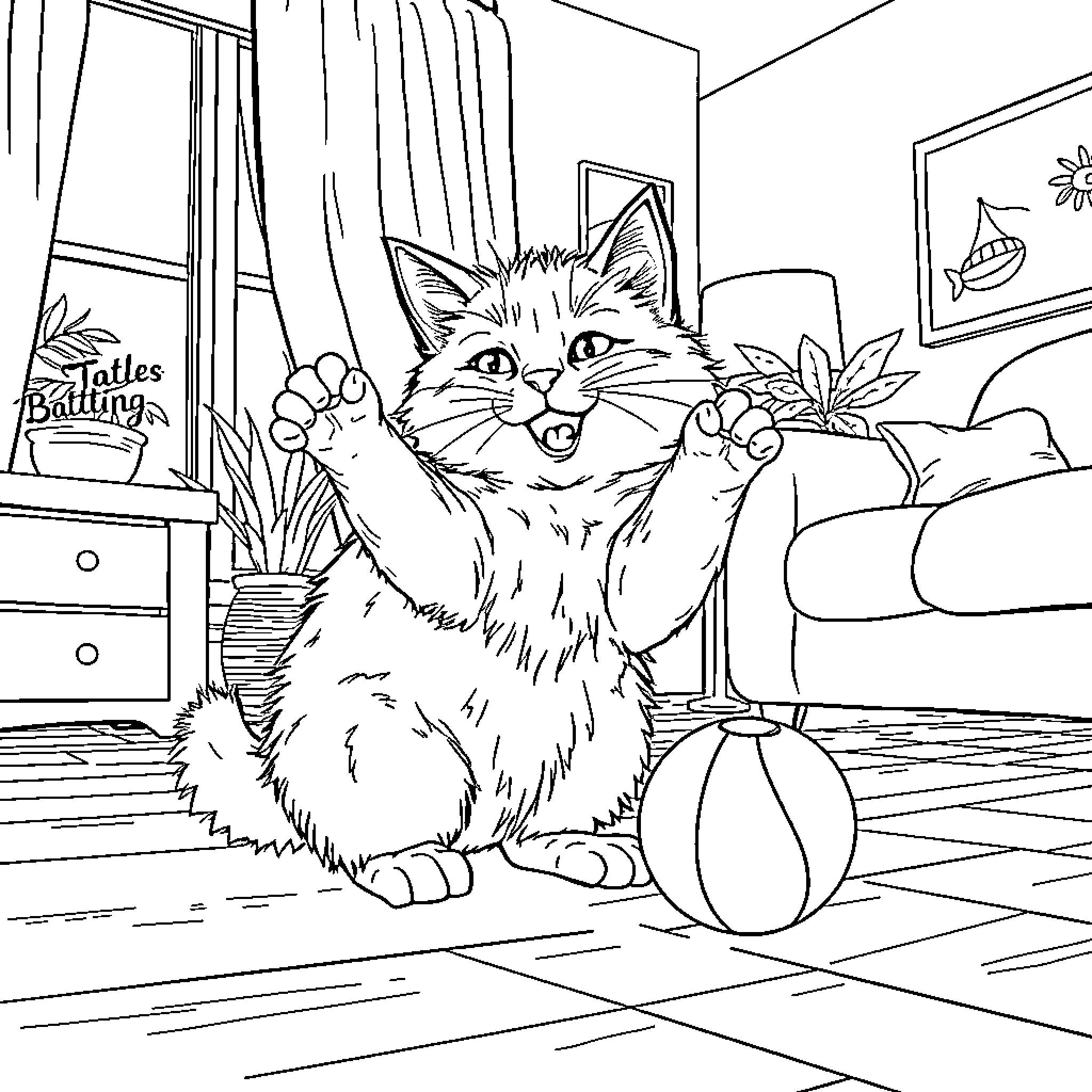 Cat playing in indoor setting Coloring Page (free black-and-white line drawing printable PDF for all, from beginners to advanced learners, including children, teens, adults, and seniors)