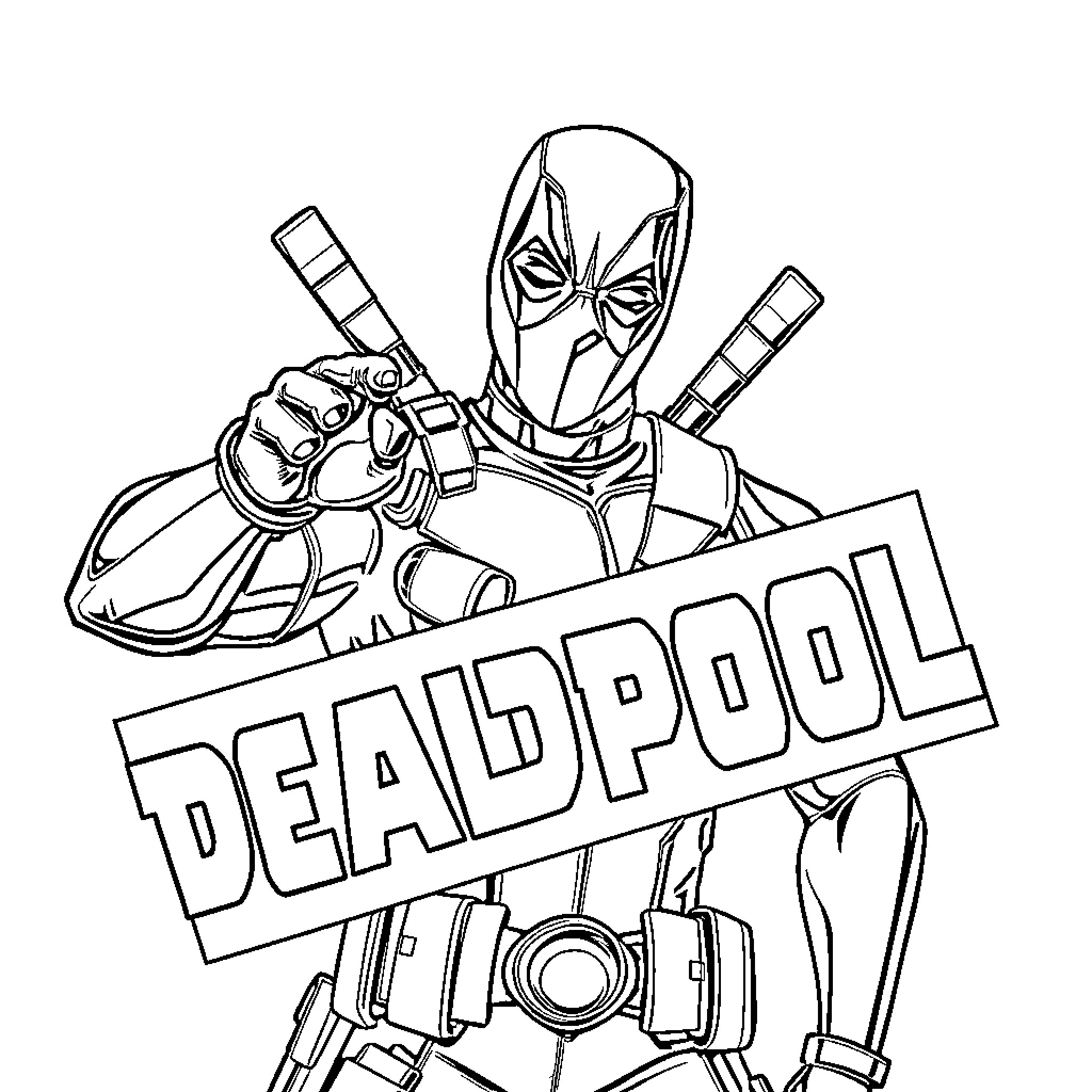 Deadpool wielding iconic weapons and gadgets Coloring Page (free black-and-white line drawing printable PDF for all, from beginners to advanced learners, including children, teens, adults, and seniors)
