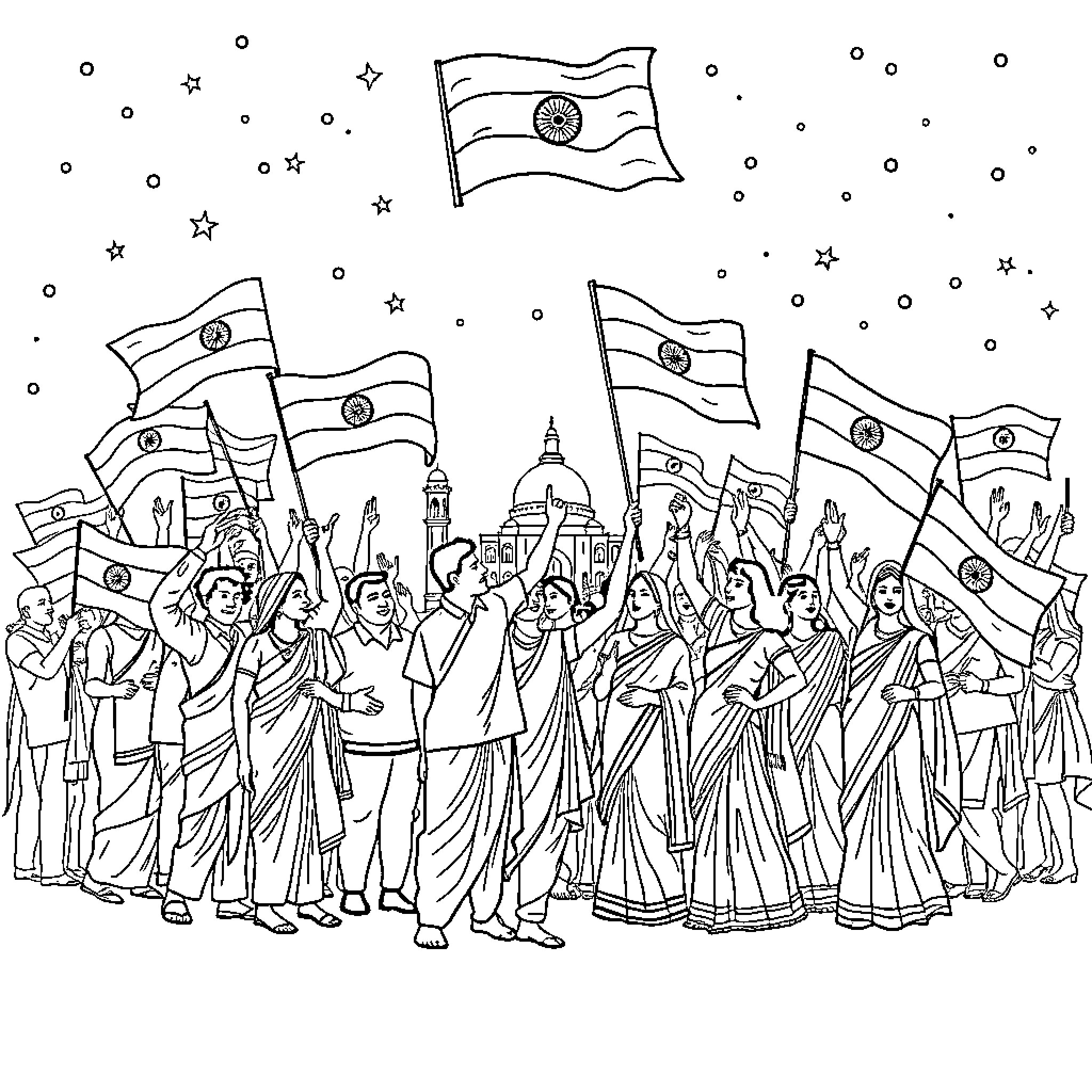Independence Day celebration with waving flags and cheering crowd Coloring Page (free black-and-white line drawing printable PDF for all, from beginners to advanced learners, including children, teens, adults, and seniors)